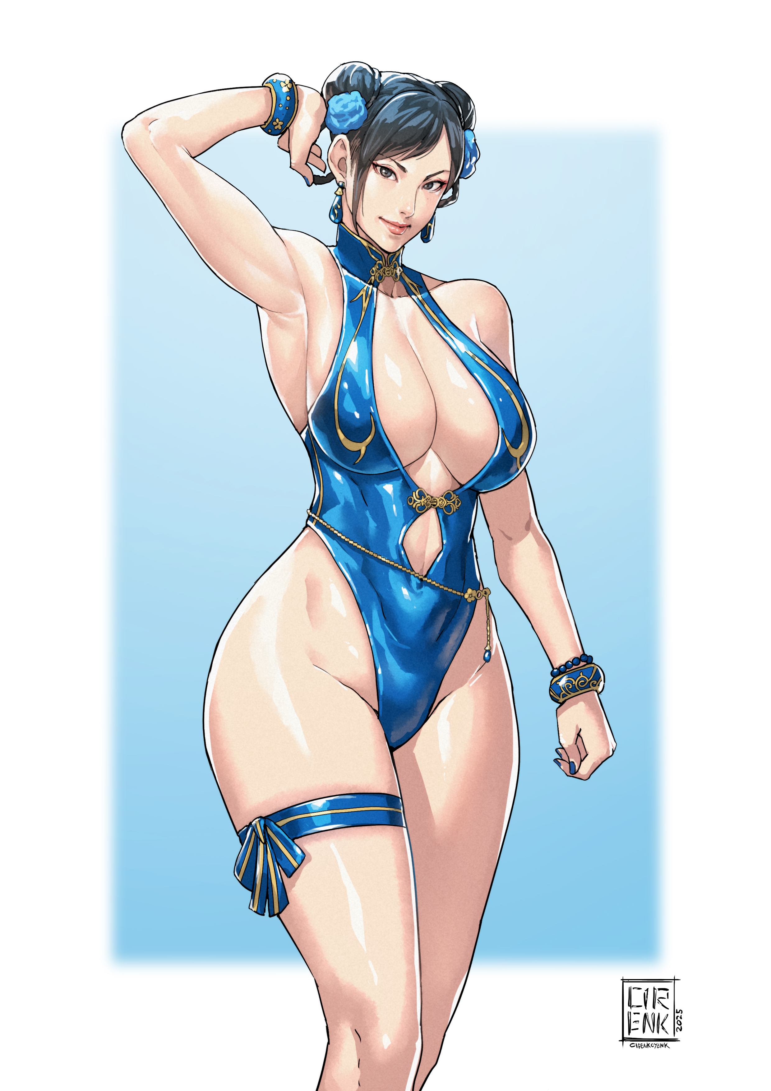 1milf, 2025, 2d, 2d (artwork), absurdres, arm up, armpits, asian, asian female, bare shoulders, big cleavage, black hair, blue clothing, blue leotard, blue one-piece swimsuit, bracelet, breasts, capcom, chinese female, chun-li, cirenk, cleavage, closed mouth, clothing cutout, curvy, double bun, earrings, female, female protagonist, gold trim, grey eyes, hair bun, highres, huge breasts, human, instagram link, jewelry, large breasts, legs together, leotard, light smile, light-skinned female, lips, looking at viewer, midriff peek, milf, no ai, official alternate costume, one-piece swimsuit, pale skin, pale-skinned female, questionable, revision, shaved armpit, shiny skin, short hair, sleeveless leotard, solo, solo female, standing, street fighter, street fighter 6, swimsuit, thick thighs, thigh strap, thighs, video game character, video games, voluptuous