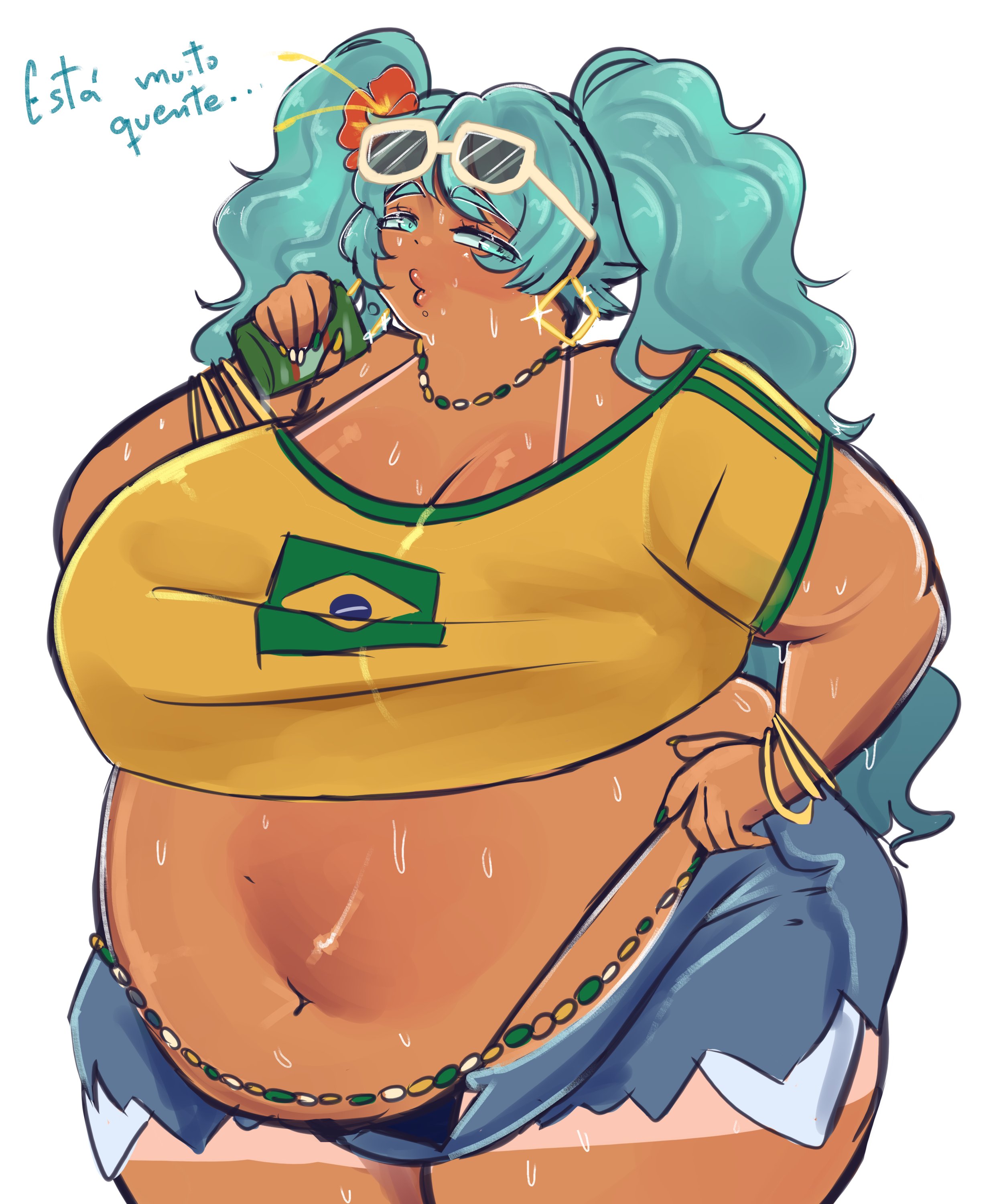 1girl, alternate version available, aqua eyes, aqua hair, bbw, belly, big belly, blue eyes, blue hair, bracelet, brazilian, brazilian female, brazilian miku, breasts, cleavage, crop top, dark skin, dark-skinned female, denim, earrings, eyewear on head, fat, fat female, fat fetish, female, flower, flower in hair, gigantic breasts, hand on hip, hatsune miku, hoop earrings, huge breasts, jewelry, lips, long hair, looking at viewer, midriff, missicake, morbidly obese, morbidly obese female, navel, necklace, obese, obese female, plump, puckered lips, shirt, shorts, solo, ssbbw, sunglasses, sweat, sweating, sweaty, sweaty body, tanned, tanned female, tanned skin, thick thighs, thighs, twintails, vocaloid, white background