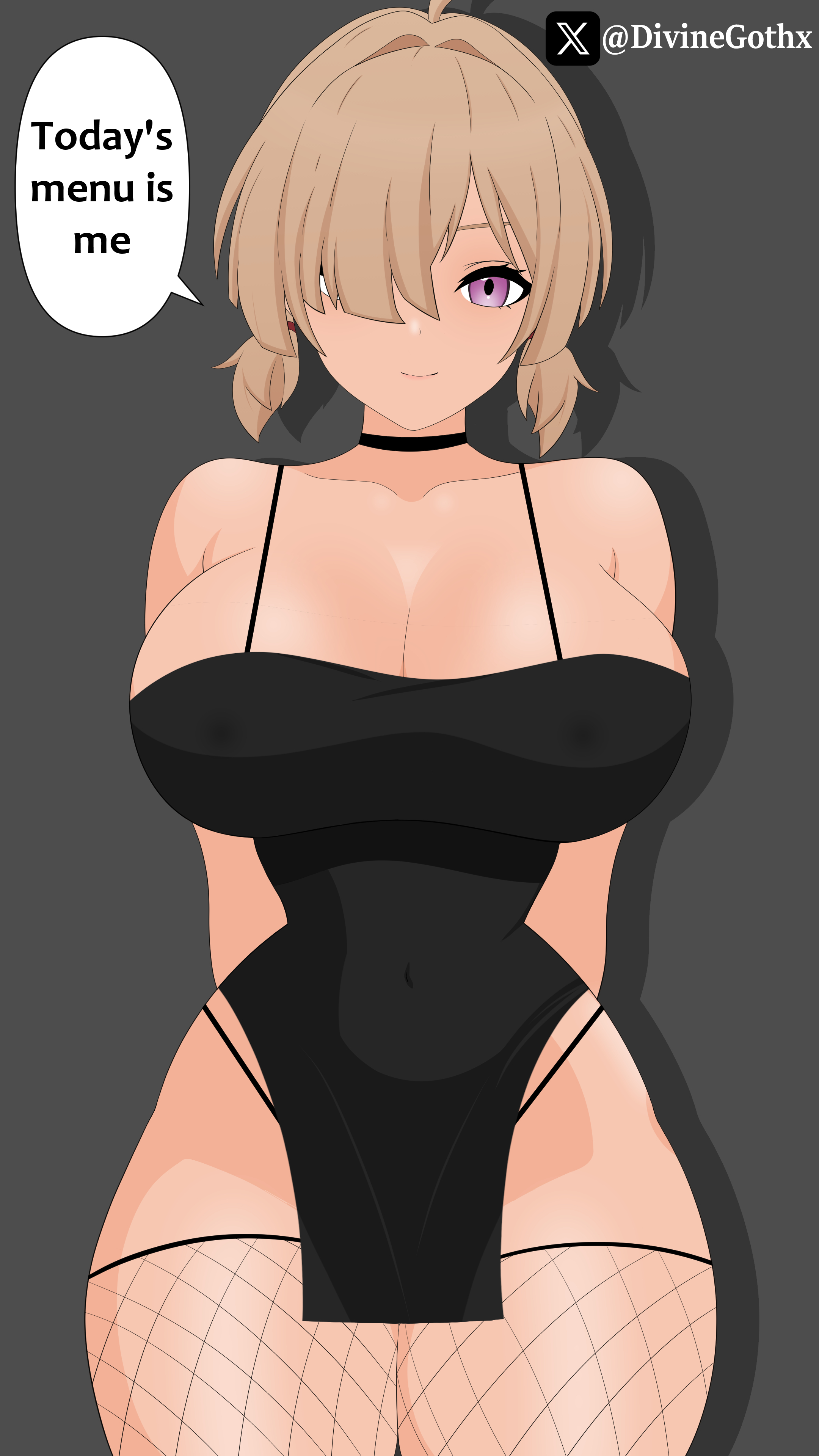 1girls, big thighs, blonde hair, breasts, clothing, curves, divine goth, dress, female, female only, fishnet legwear, goth, large breasts, light skin, looking at viewer, oiled, purple eyes, sweety (zenless zone zero), thick, thin waist, tongue, twintails, white body, zenless zone zero
