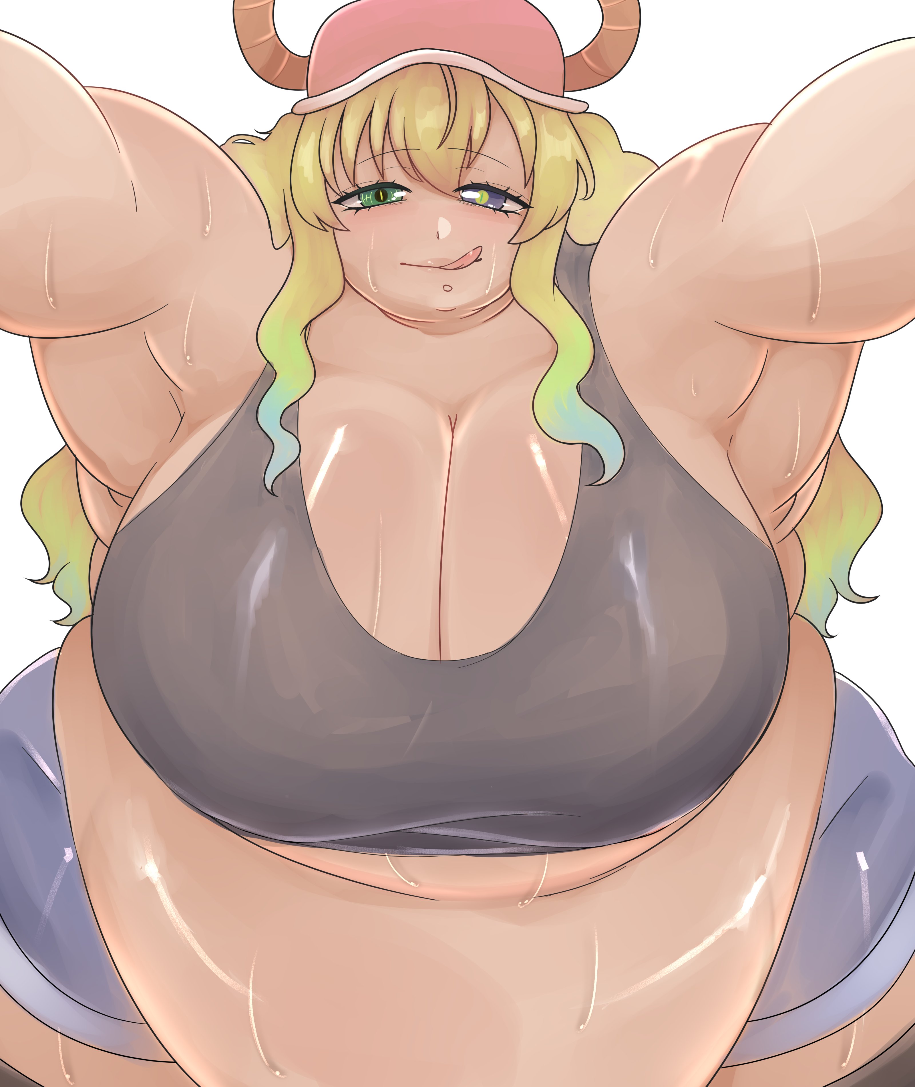 1girls, armpits, bbw, dragon, dragon girl, fat, fat female, fat fetish, female, hat, heterochromia, horns, kobayashi-san chi no maidragon, lucoa, miss kobayashi's dragon maid, missicake, obese female, overweight, overweight female, quetzalcoatl (dragon maid), tongue, tongue out