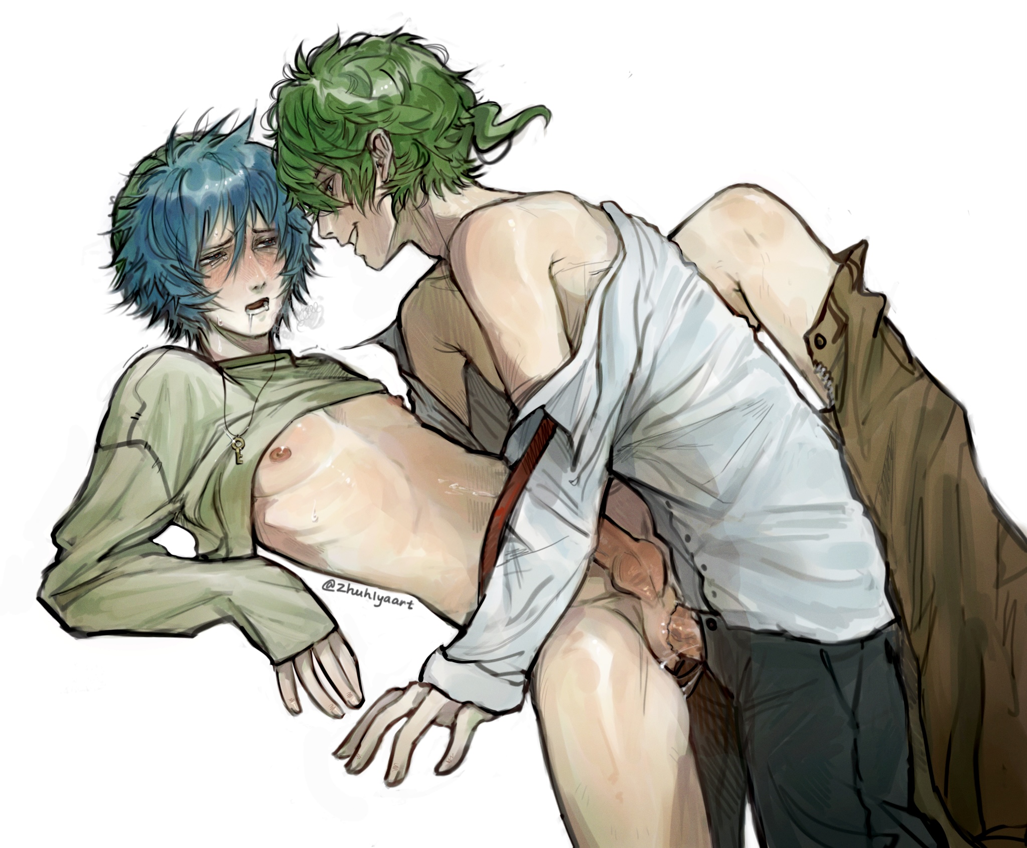 anal, anal orgasm, anal sex, anime style, blue eyes, blue hair, blush, clothed, cum, cum drip, gay anal, gay male, gay sex, green eyes, green hair, kimi ga shine, midori (your turn to die), mlm, pretty boy, shin tsukimi, skinny, sou hiyori, twink, yaoi, your turn to die, yttd