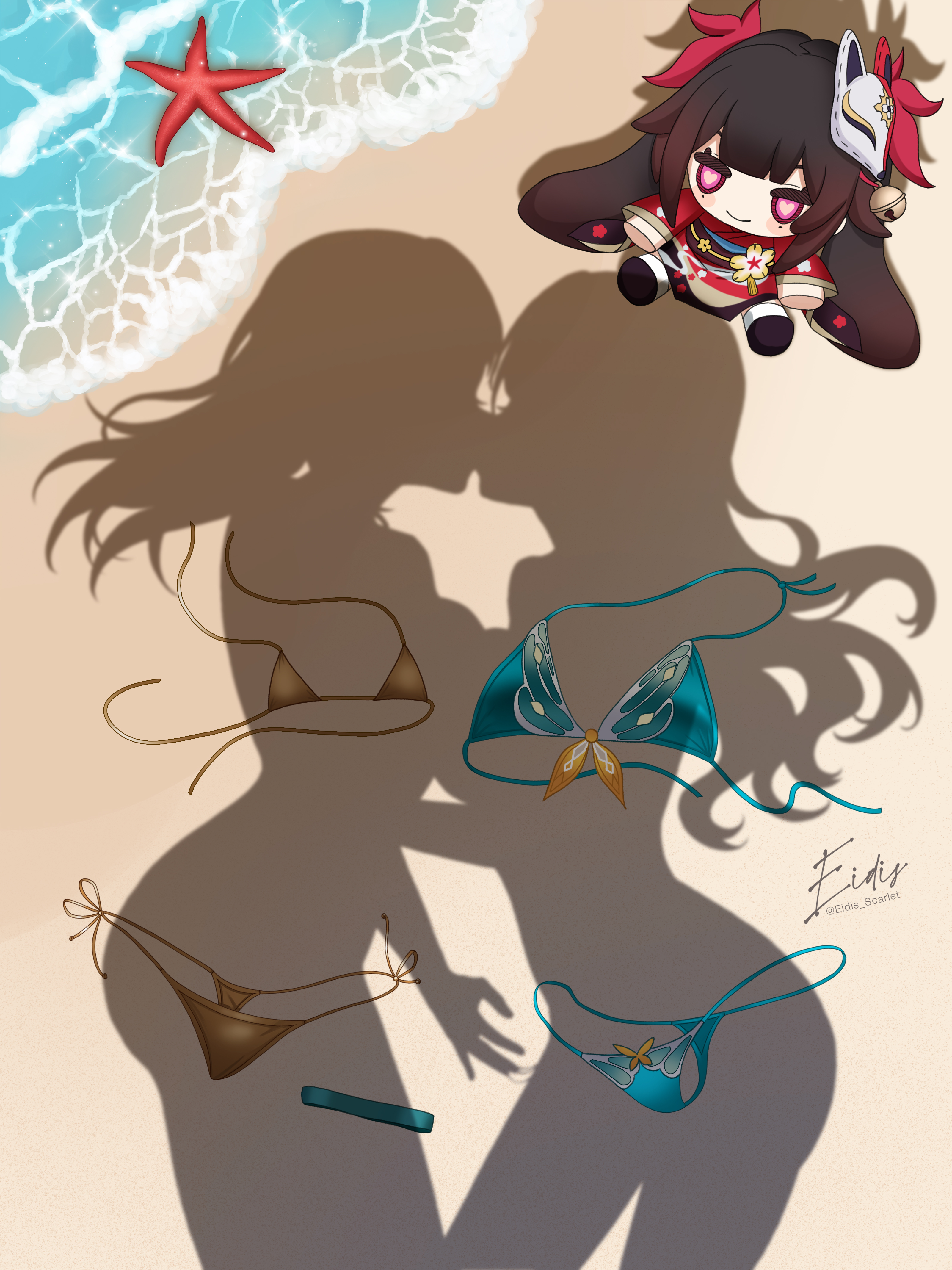 2girls, absurdres, beach, bikini, blue bikini, breast press, breasts, commentary, dressed shadow (meme), eidis scarlet, english commentary, female, female only, female/female, fingering, fingering partner, fingering pussy, firefly (honkai: star rail), from above, fumo plush, highres, honkai (series), honkai: star rail, implied after fingering, implied kiss, implied nudity, lesbian kiss, long hair, meme, multiple females, multiple girls, outdoors, pov shadow, pussy, pussy juice string, shadow, shore, sparkle (doll) (honkai: star rail), starfish, stelle (honkai: star rail), swimsuit, trailblazer (honkai: star rail), unworn bikini, water, yellow bikini, yuri