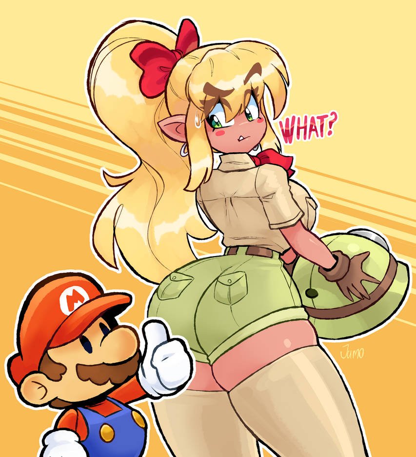 1boy, 1girl, 1girls, ass, big ass, big breasts, blonde hair, blowjob, gloves, goombella, green eyes, hat, human version, jamoart, jewelry, legwear, long hair, looking at viewer, looking back, mario, mario bros, nintendo, paper mario, paper mario: the thousand-year door, pointy ears, ponytail, shorts, smile, thick thighs, thighhighs, thighs