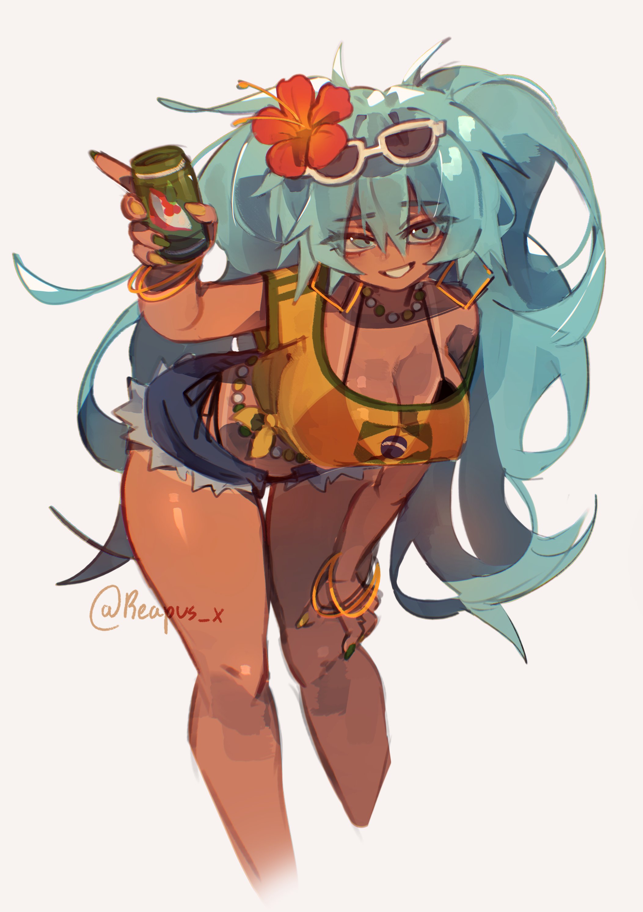1girl, 1girls, aqua eyes, aqua hair, aqua nails, bent over, bikini, bikini under clothes, black bikini, bracelet, brazilian, brazilian female, brazilian miku, breasts, brown skin, brown-skinned female, can, cleavage, crop top, curvy, cutoffs, dark skin, dark-skinned female, denim, denim shorts, earrings, eyewear on head, female, flower, grin, hair flower, hair ornament, hatsune miku, holding, holding can, holding soda, hoop earrings, jewelry, large breasts, latina, leaning forward, long hair, looking at viewer, nail polish, necklace, reapus x, shirt, short shorts, shorts, simple background, smile, solo, sunglasses, swimsuit, tagme, tan, thighs, twintails, twitter username, very long hair, vocaloid, white background