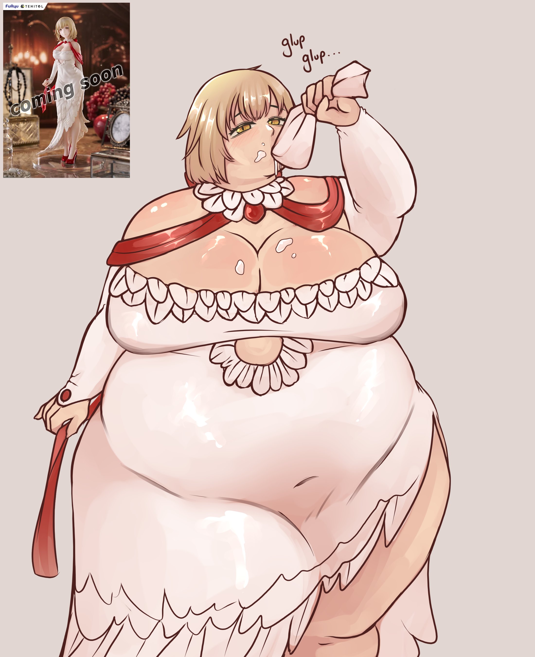 1girls, bbw, belly, big belly, blonde hair, breasts, dress, dungeon meshi, eating, falin touden, fat, fat female, fat fetish, feather dress, feathers, female, frosting, huge breasts, missicake, official alternate costume, piping bag, thick thighs, thighs, weight gain