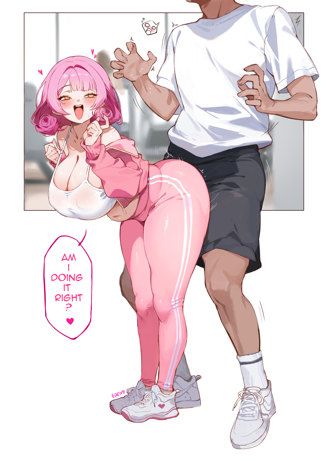 1boy, 1girls, ass, bent over, big ass, big breasts, big butt, blush, breasts, cleavage, eden (shiroki yuutsu), english text, female, heart, jacket, jacket open, male, nipples visible through clothing, oc, open mouth, original, original character, pink hair, pink pants, pink sweatpants, shoulder length hair, smile, standing, sweatpants, text, text bubble, thick thighs, vanilla (eden (shiroki yuutsu)), yellow eyes