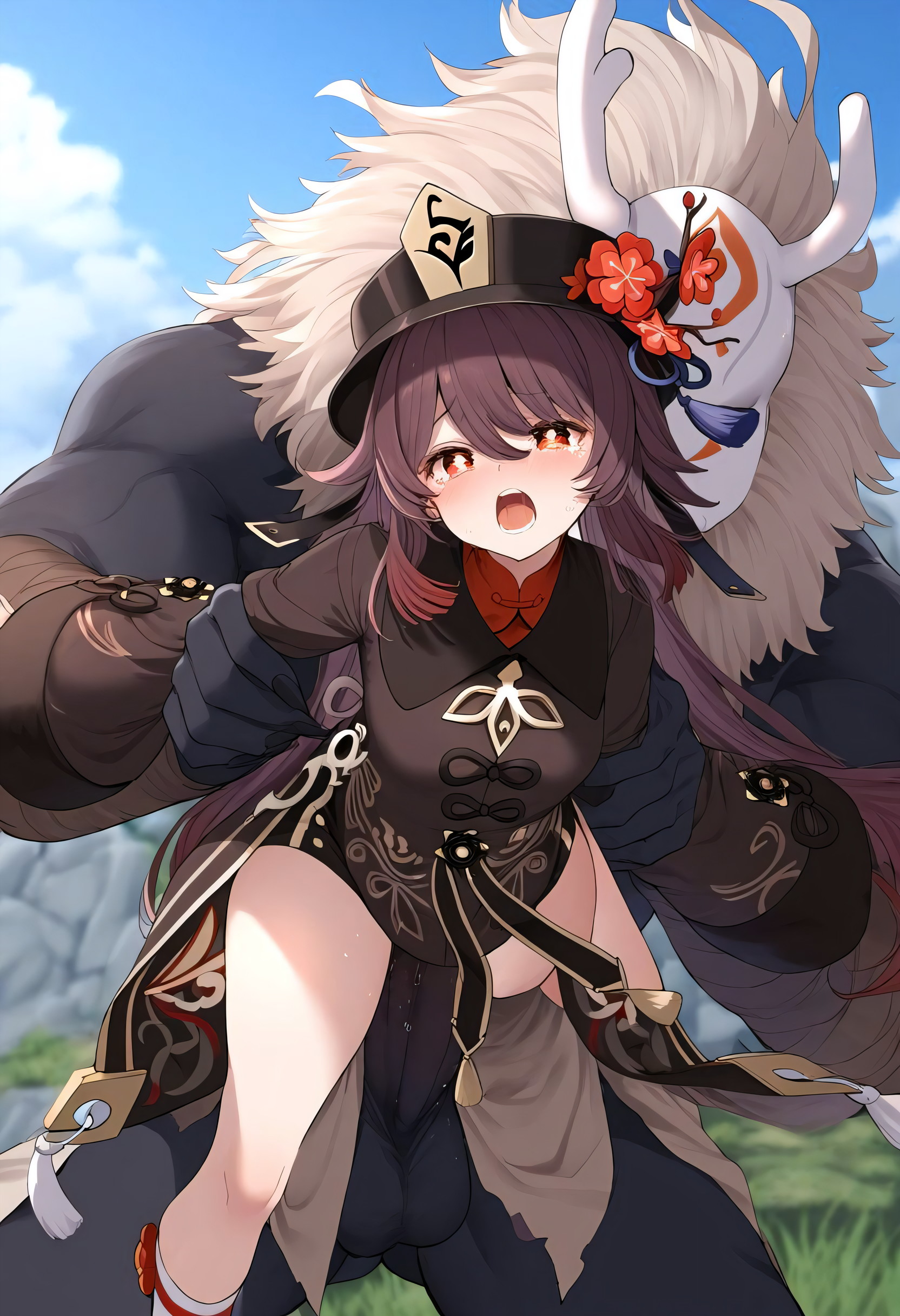 1boy, 1girls, ai generated, balls, brown hair, captured, captured heroine, clothed sex, crying, defeated, defeated heroine, female, genshin impact, grabbing from behind, hat, hilichurls (species), horns, hu tao (genshin impact), large penis, male, mask, monster, muscular, muscular male, nai diffusion, open mouth, penetration, penis, questionable consent, red eyes, size difference, standing sex, testicles