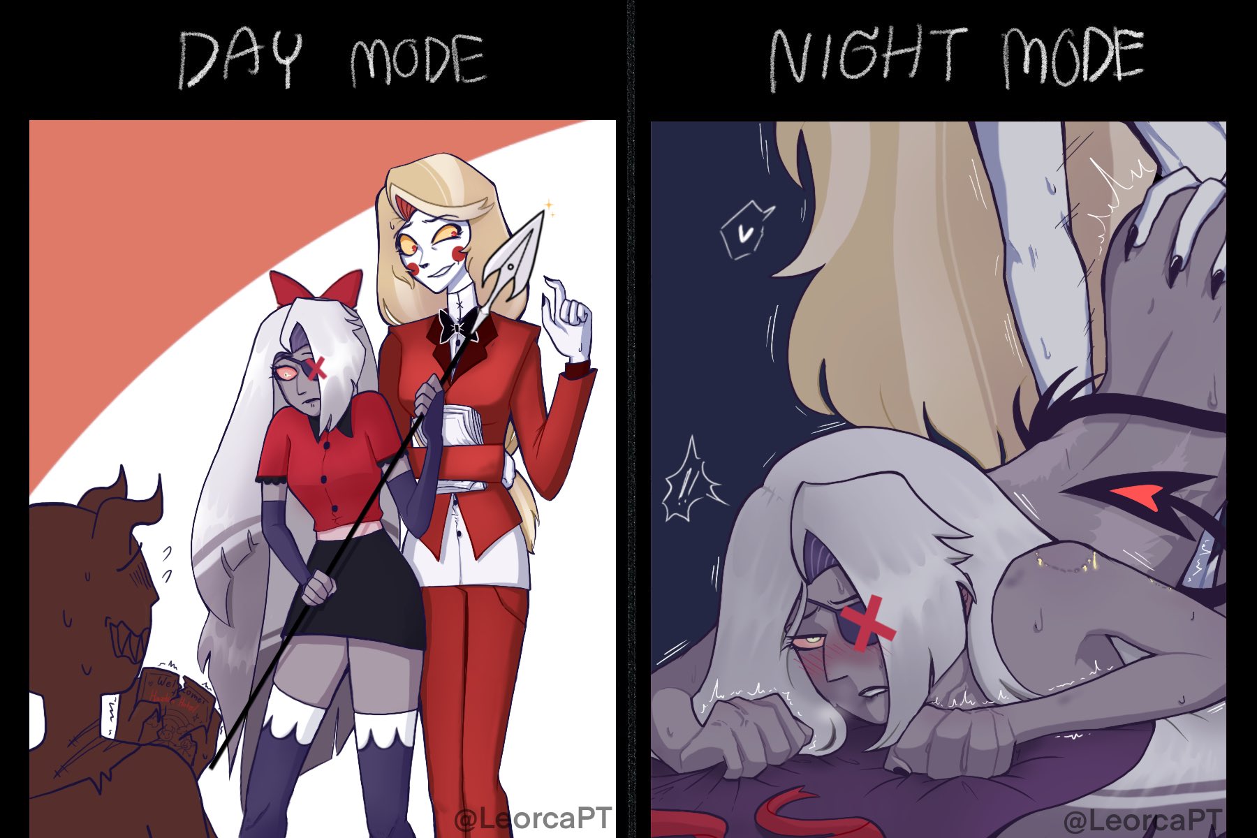 angel, bite mark, blush, charlie morningstar (hazbin hotel), demon, demon girl, demon tail, eyepatch, female, grabbing sheets, hazbin hotel, leorcapt, lesbian sex, spear, vaggie (hazbin hotel), yuri