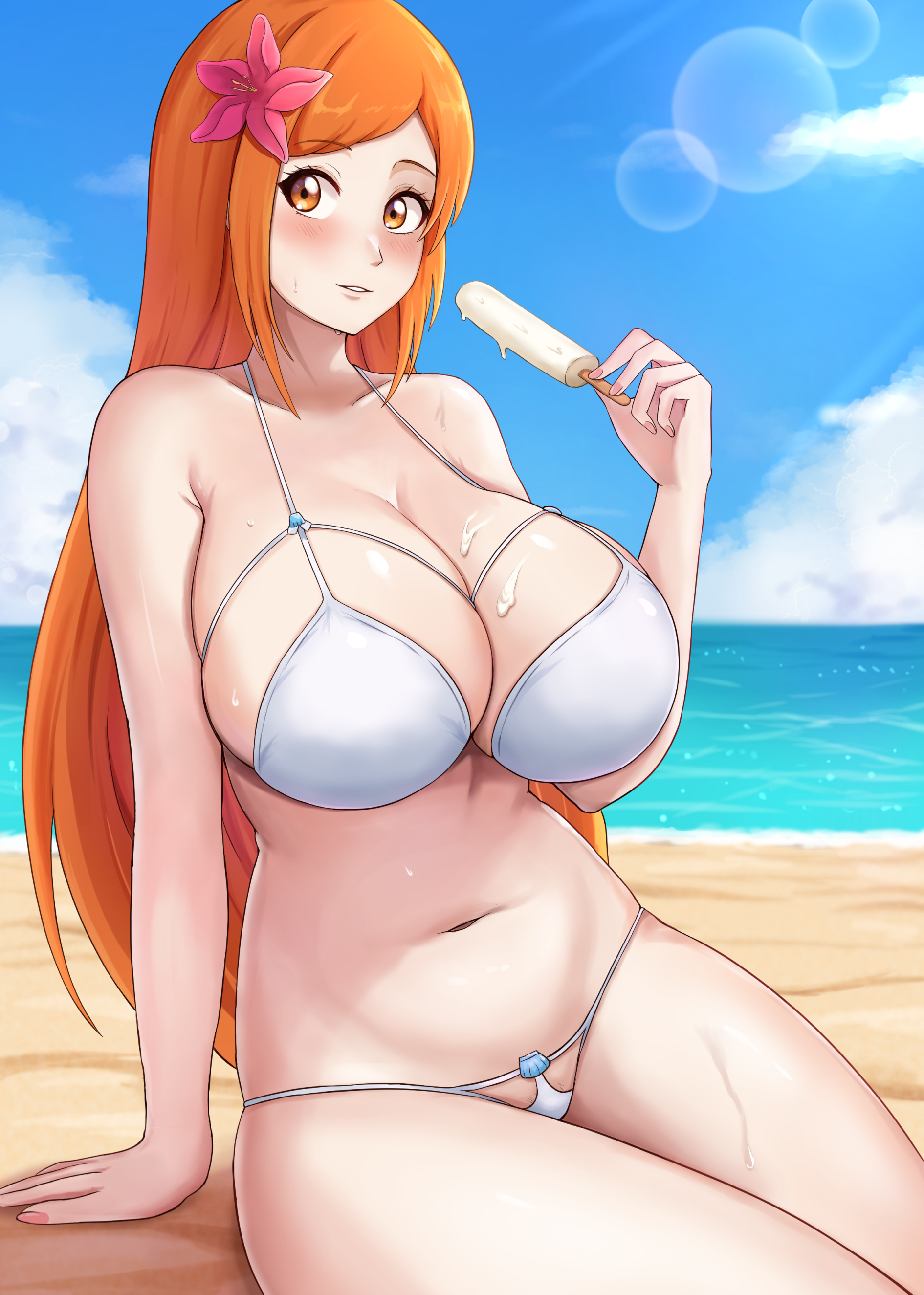 1girls, beach, bikini, bleach, breasts, female, hi res, huge breasts, inoue orihime, light skin, light-skinned female, long hair, orange hair, outdoors, popsicle, sleeptopi, thighs