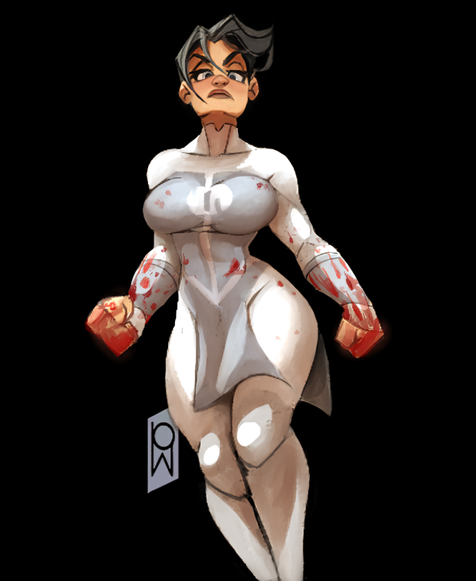 anissa black_hair blood blood_on_hands invincible superhero_costume tomphelippe viltrumite_uniform white_clothes