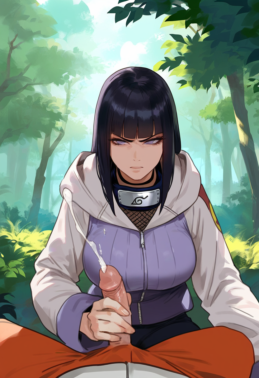 ai generated, angry, blue eyes, blue hair, cum, ejaculation, female, handjob, hyuuga hinata, justgens, light skin, light-skinned female, light-skinned male, male, naruto, naruto (series), naruto shippuden, partial male, penis
