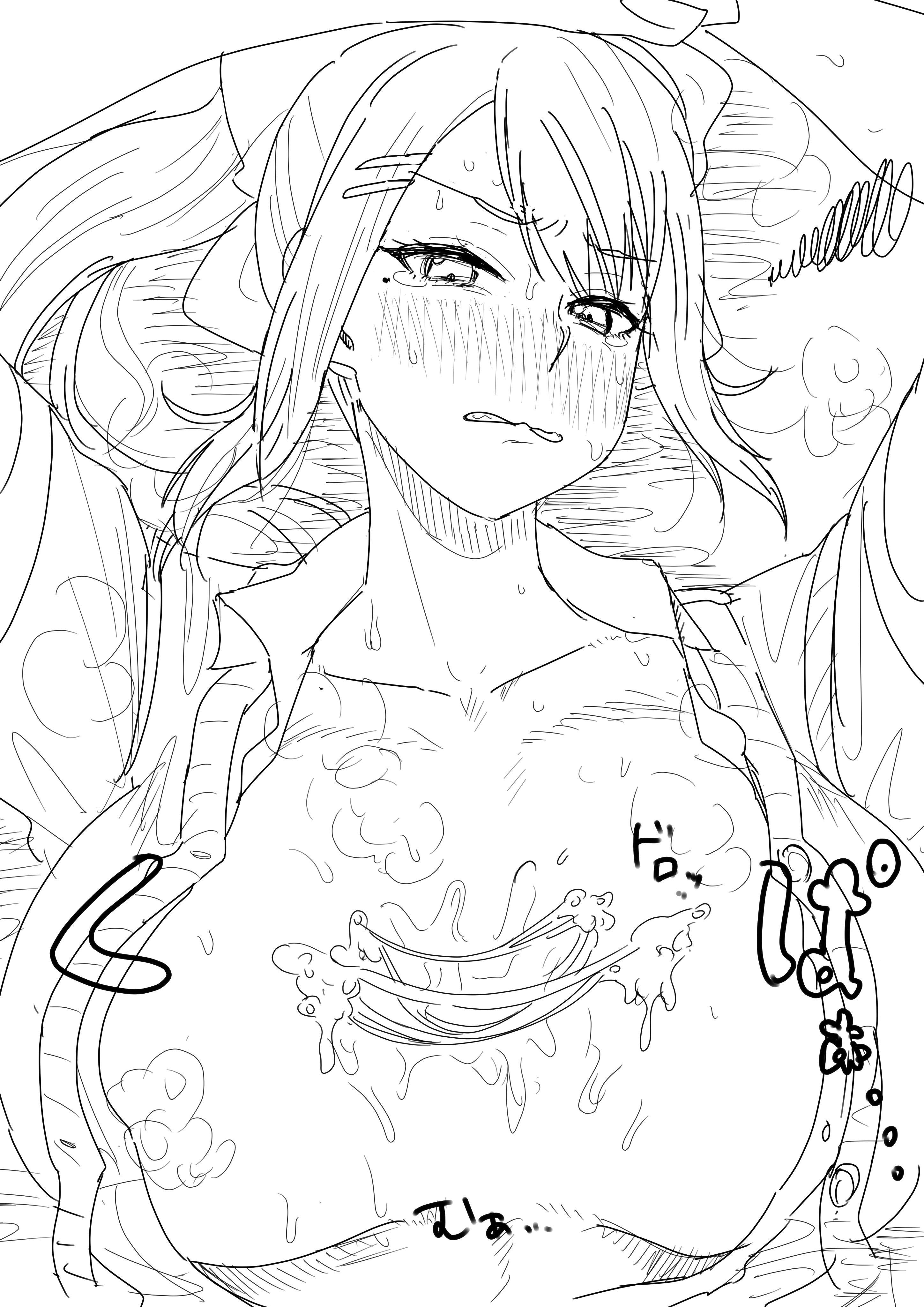1boy, 1girls, after paizuri, alternate breast size, asian, asian female, big breasts, blush, breasts, cum, cum bridge, cum on breasts, embarrassed, female, hair ribbon, higuchi kaede, huge breasts, japanese text, kaiman garupan, large breasts, long hair, looking at viewer, male, monochrome, nijisanji, open clothes, open shirt, ponytail, pov, pov eye contact, straight, sweat, text, tomboy, virtual youtuber