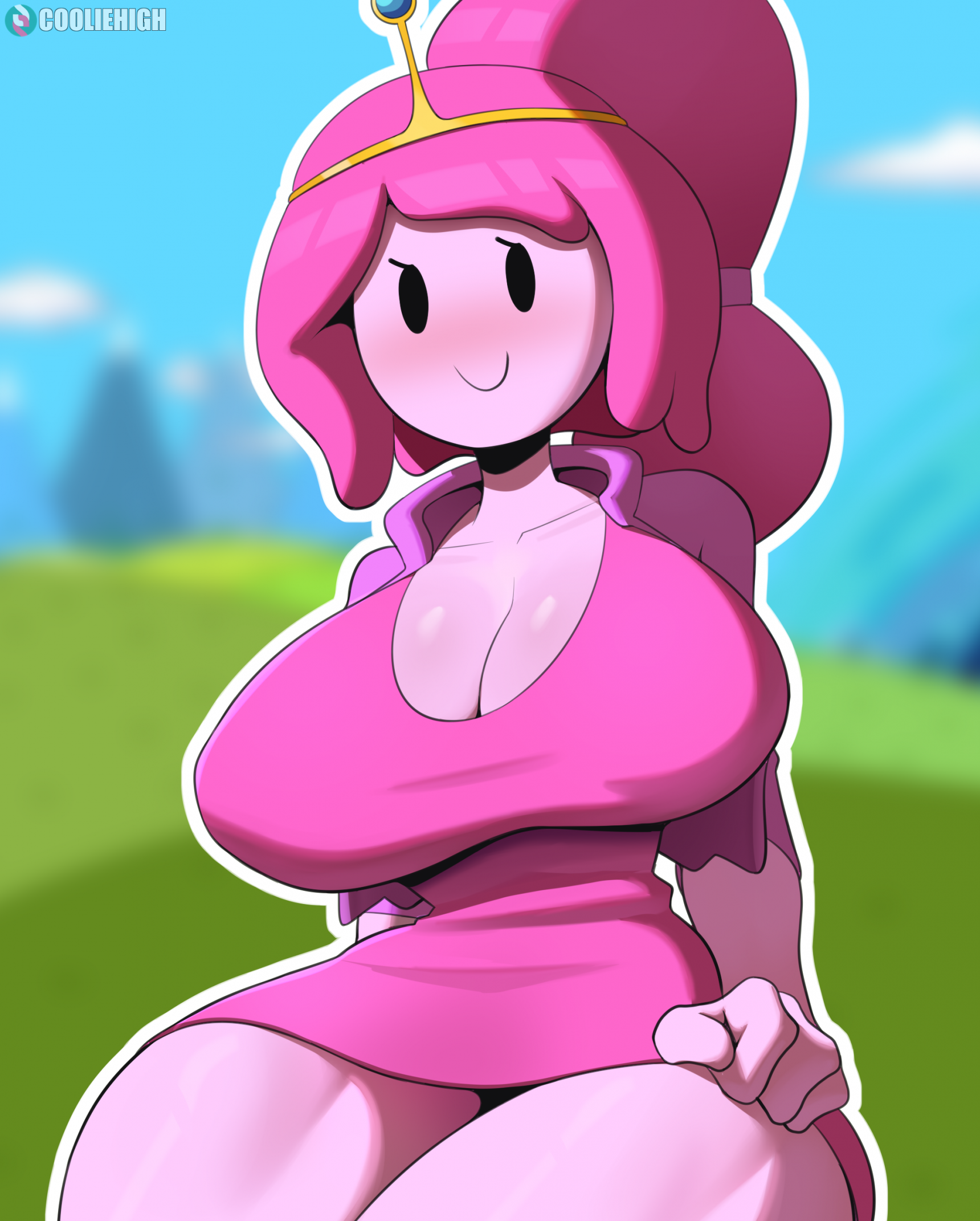 1girls, adventure time, big breasts, blush, breasts, cartoon network, cleavage, clothing, cooliehigh, female, huge breasts, pink body, pink hair, pink skin, princess bubblegum, smile, solo, solo female, thick thighs