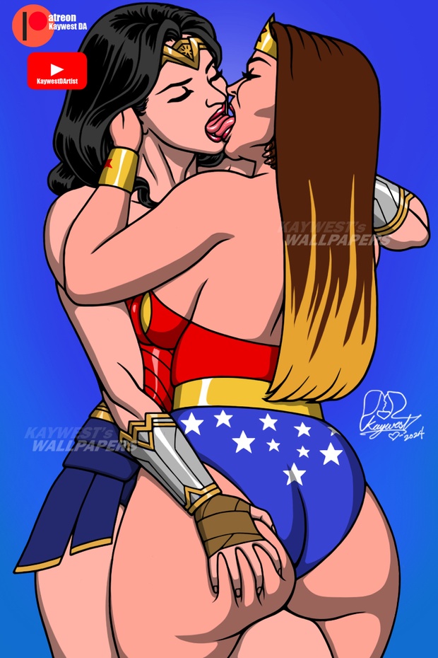 2:3 2girls alternate_version_available ass ass_grab big_ass black_hair blue_background breasts brown_hair cosplay dc dc_comics dc_extended_universe dceu diana_prince female female_only french_kiss gal_gadot huge_ass kaywest kiss kissing large_ass light-skinned_female light_skin long_hair medium_breasts multiple_girls patty_jenkins real_person source_request tongue wonder_woman wonder_woman_(cosplay) wonder_woman_(series) yuri