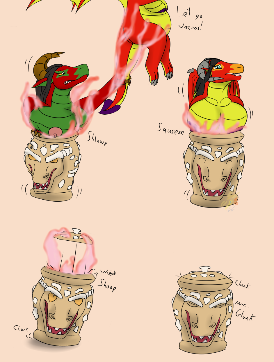 anthro breasts captured capturing container dragon dragon_capture_jar duo female heart_eyes heart_symbol hi_res inanimate_pred ingeir_palar jar magic mythological_creature mythological_scalie mythology nipples non-mammal_breasts scalie slightly_chubby squeeze_(sound_effect) squeezing vase