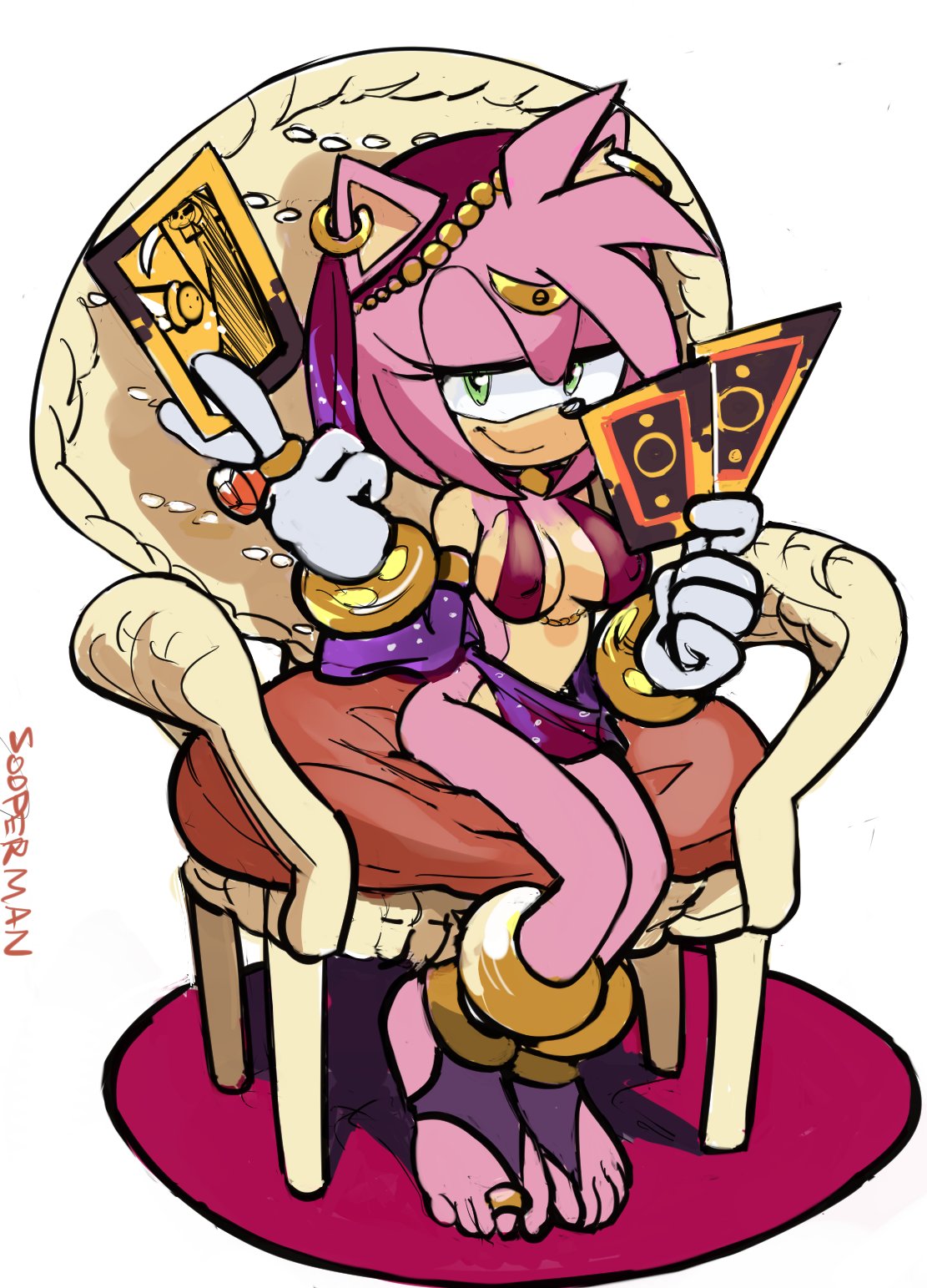 1girls, amy rose, anthro, anthro female, barely clothed, bra, breasts, clothed, clothed female, clothing, earrings, eulipotyphlan, female, female only, fur, gloves, green eyes, hedgehog, jewelry, mammal, nipple bulge, nipples visible through clothing, partially clothed, pink fur, provocative clothing, ring, sega, semi nude, solo, solo female, solo focus, sonic (series), sonic the hedgehog (series), sooperman, tarot card, toe ring, white gloves