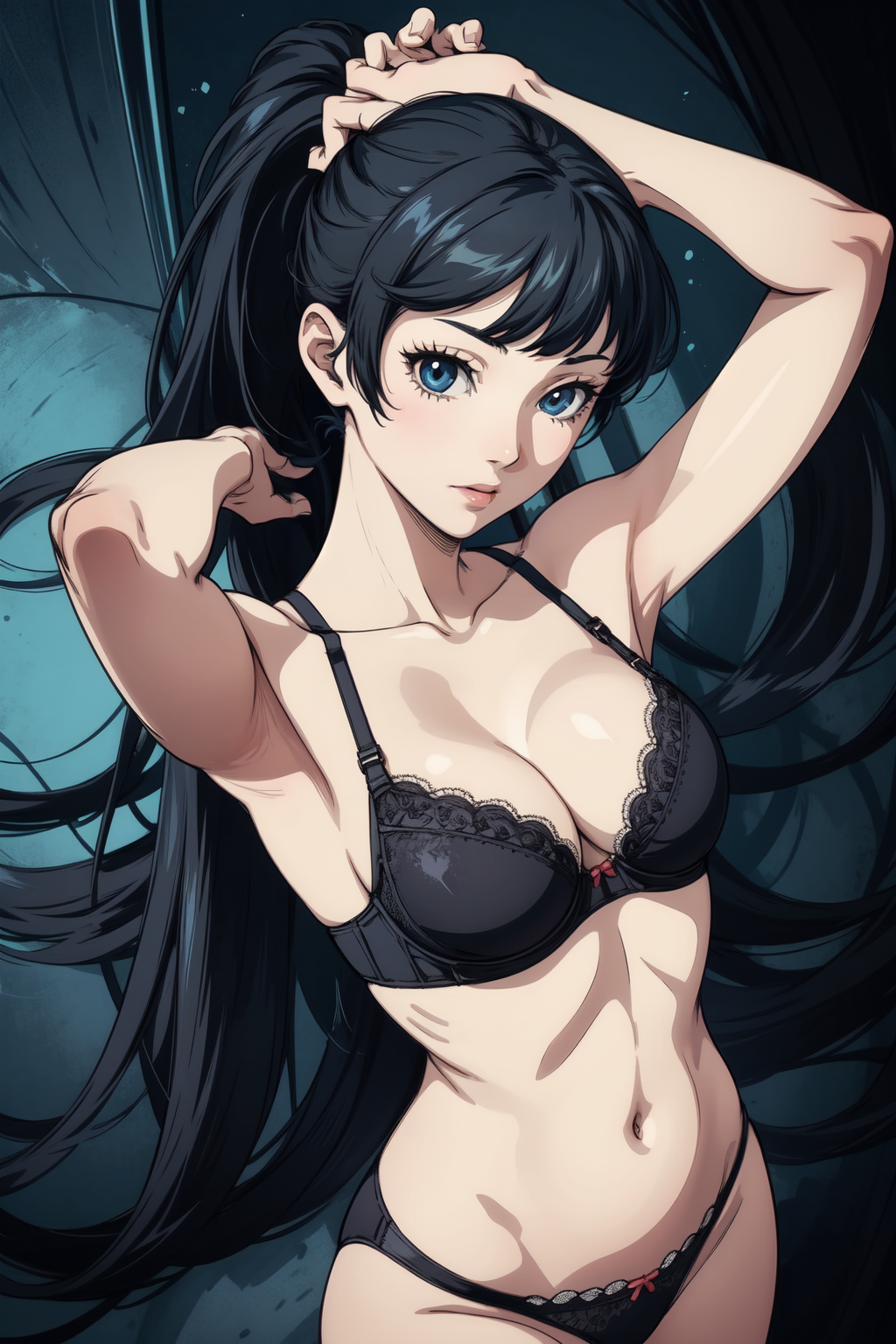 ai_generated amagi_yukiko black_hair blue_eyes lingerie persona persona_4 ponytail underwear