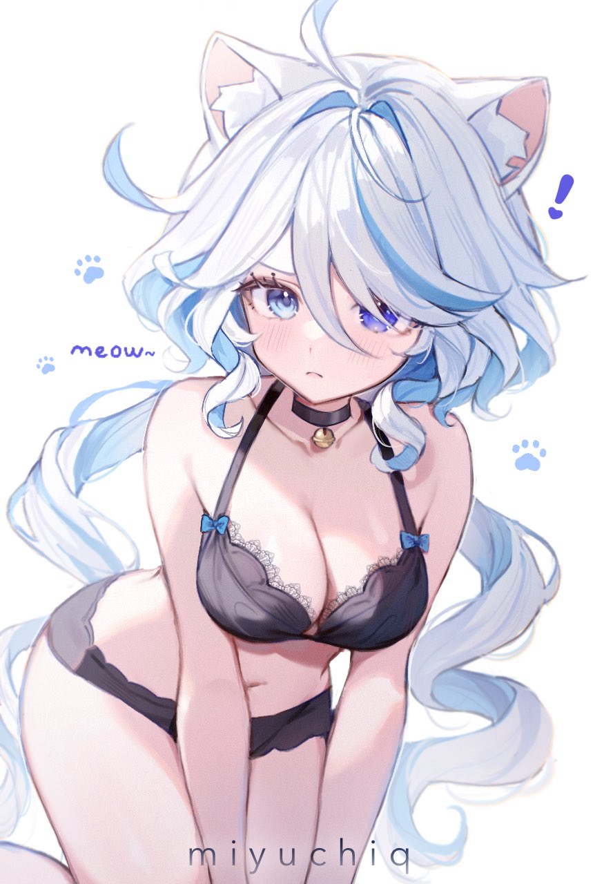 1girls 2d 2d_(artwork) animal_ears belly_button black_underwear blue_eyes blue_hair bra cat_ears cleavage female female_focus female_only front_view furina_(genshin_impact) genshin_impact heterochromia light-skinned_female light_skin long_hair looking_at_viewer medium_breasts miyuchiq navel panties simple_background slim_girl solo solo_female solo_focus two_tone_hair underwear white_background white_hair young younger_female