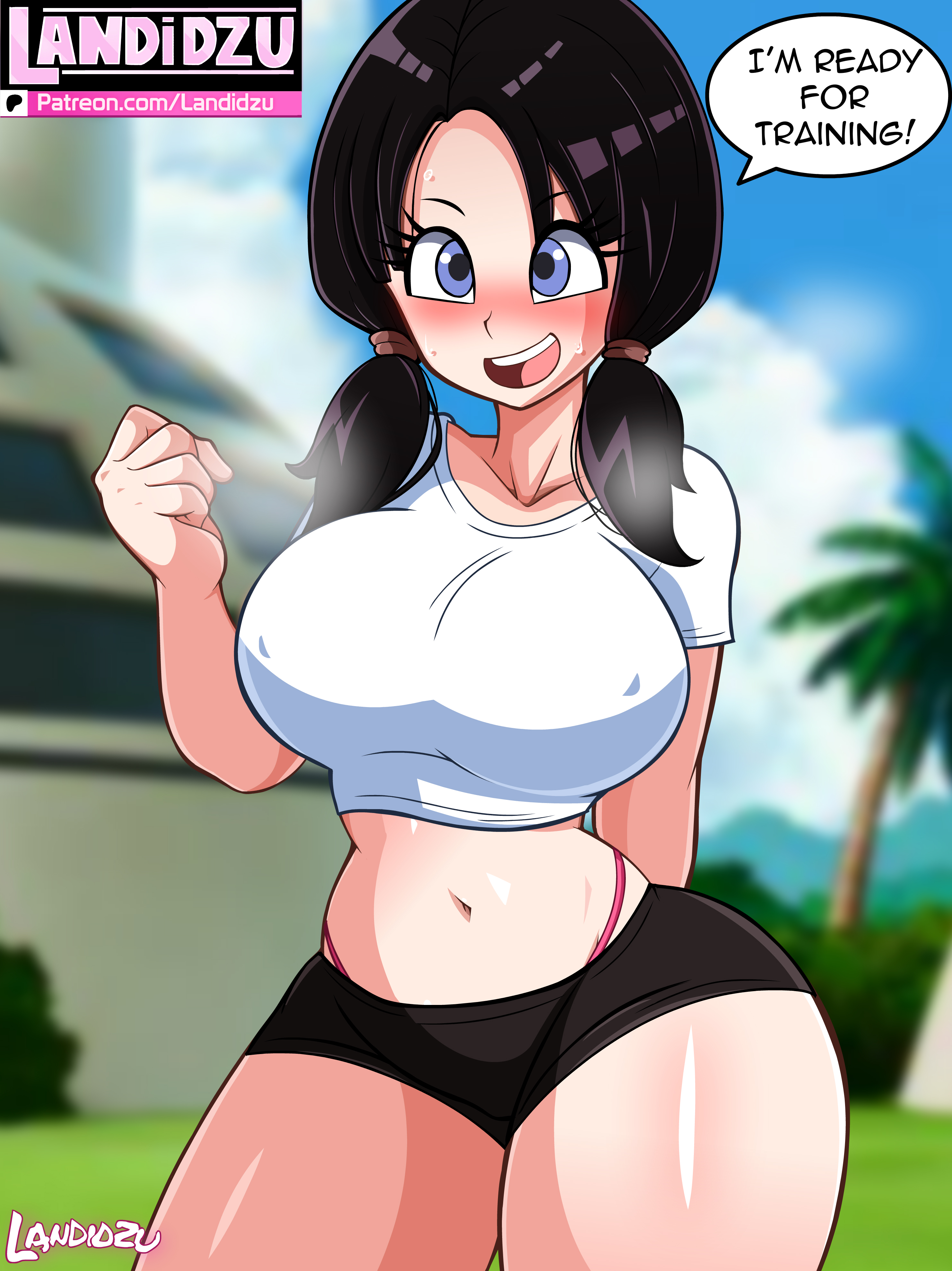 1girls, 2024, 2024s, artist logo, artist name, artist signature, belly button, big breasts, bike shorts, black bike shorts, black hair, black shorts, blue eyes, blush, breasts, dragon ball, dragon ball z, english text, eyelashes, female, female focus, female only, huge breasts, landidzu, looking at viewer, navel, nipples visible through clothing, open mouth, panties, shorts, solo, solo female, solo focus, spats, speech bubble, standing, text, thick thighs, thighs, thong straps, topwear, twintails, videl, wide hips