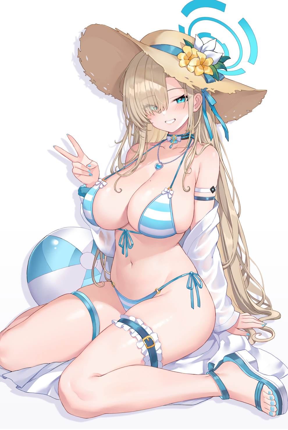 1girls alternate_costume asuna_(blue_archive) ball bare_shoulders beach_ball bikini blue_archive blue_bikini blue_eyes blue_halo blue_nails blue_toenails blush breasts brown_hat choker cleaning_&_clearing_(blue_archive) cleavage collarbone eyes_visible_through_hair female fit_female flower grin hair_over_one_eye halo halterneck hat highres hourglass_figure jewelry kaworu_(1030) large_breasts light-skinned_female light_brown_hair long_hair looking_at_viewer millennium_science_school_student mole mole_on_breast navel necklace painted_toenails pendant sandals simple_background sitting slim_waist smile solo stomach straw_hat string_bikini striped_bikini striped_clothes sun_hat swimsuit thigh_strap thighs toenails toes v very_long_hair wariza white_background wide_hips