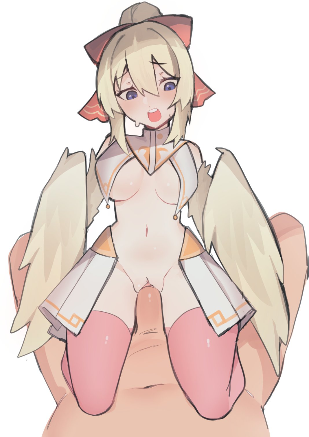 1boy bare_shoulders bird_legs blonde_hair blue_eyes blush breast_curtains breasts commentary commission cowgirl_position english_commentary feathers female hair_ribbon harpy highres indie_virtual_youtuber mavia_(vtuber) medium_breasts monster_girl navel oniiyanna oniyanna open_mouth penis pink_thighhighs pov pussy ribbon showgirl_skirt straight teeth thighhighs uncensored upper_teeth_only vaginal_penetration virtual_youtuber winged_arms wings yellow_feathers yellow_wings