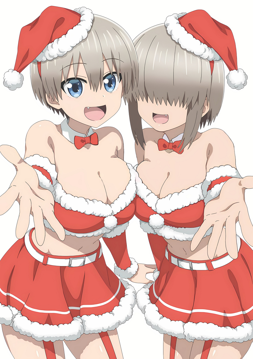 bare_belly bare_shoulders belly_button big_breasts blue_eyes breasts eyes_covered garter_straps grey_hair official_art open_mouth santa_costume santa_hat short_hair sisters smile thighs uzaki-chan_wa_asobitai! uzaki_hana uzaki_yanagi