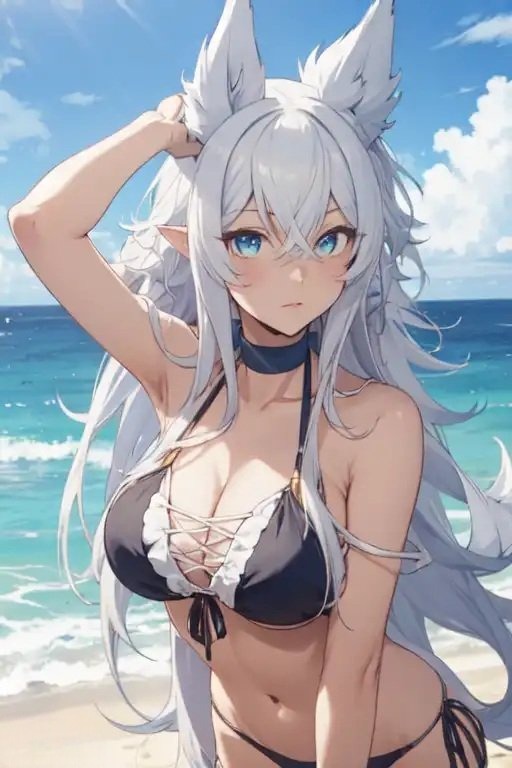1girls, ai generated, bikini, blue eyes, breasts, female, fenrys, lv2 kara cheat datta motoyuusha kouho no mattari isekai life, solo, wolf ears, wolf girl