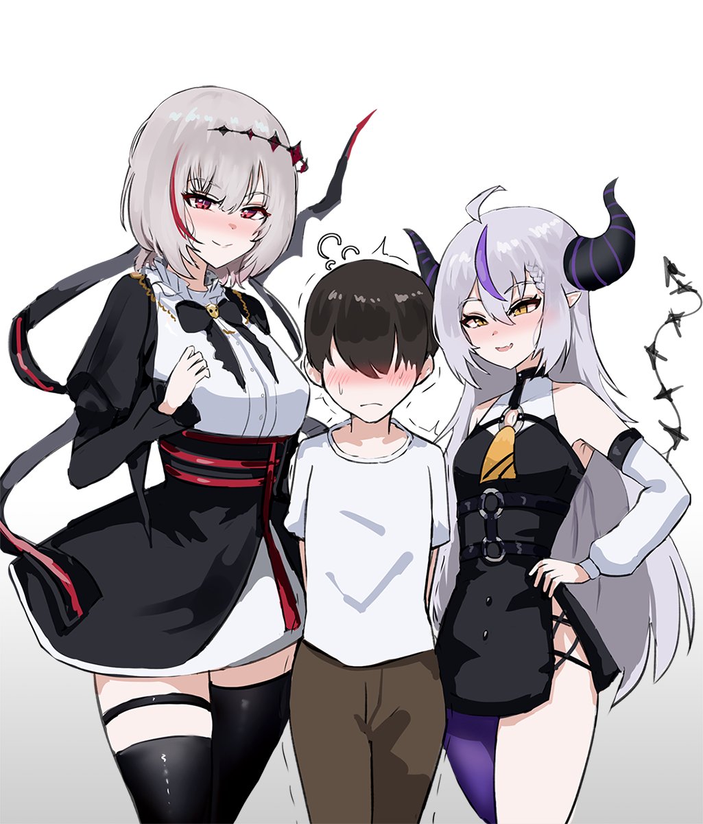 1boy 2girls armpits blush blushing blushing_at_viewer blushing_profusely commando demon_girl dtto. femdom going_commando hololive holox horns imminent_sex la+_darknesss long_hair no_panties pantyhose purple_hair purple_horns red_eyes red_hair reject_(esports) short_hair single_thighhigh skirt skull_hair_ornament thighhighs thighs trembling virtual_youtuber vtuber white_hair yellow_eyes