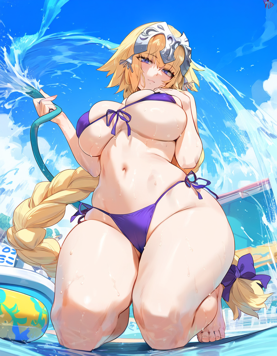 1girls ai_generated big_breasts bikini blonde_hair blue_eyes child_bearing_hips fate/grand_order fate_(series) female female_focus female_only huge_breasts jeanne_d'arc_(fate) large_breasts long_hair looking_at_viewer navel ponytail purple_bikini thick_thighs thighs water water_hose