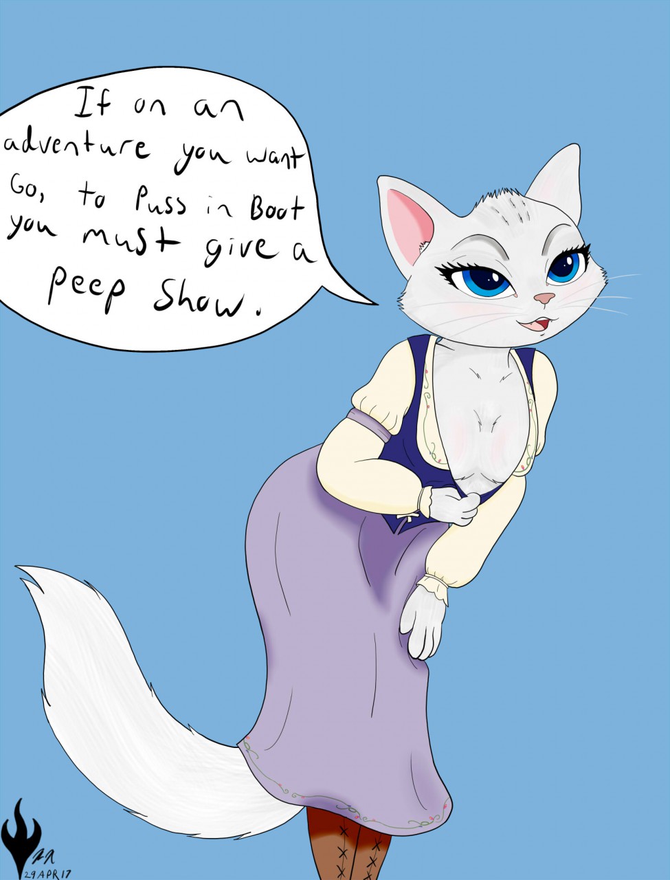 biped blue_eyes boots clothed dress dulcinea feline female_only fluffy_tail mammal plain_background speech_bubble standing tail talking talking_to_viewer teasing teasing_viewer white_fur