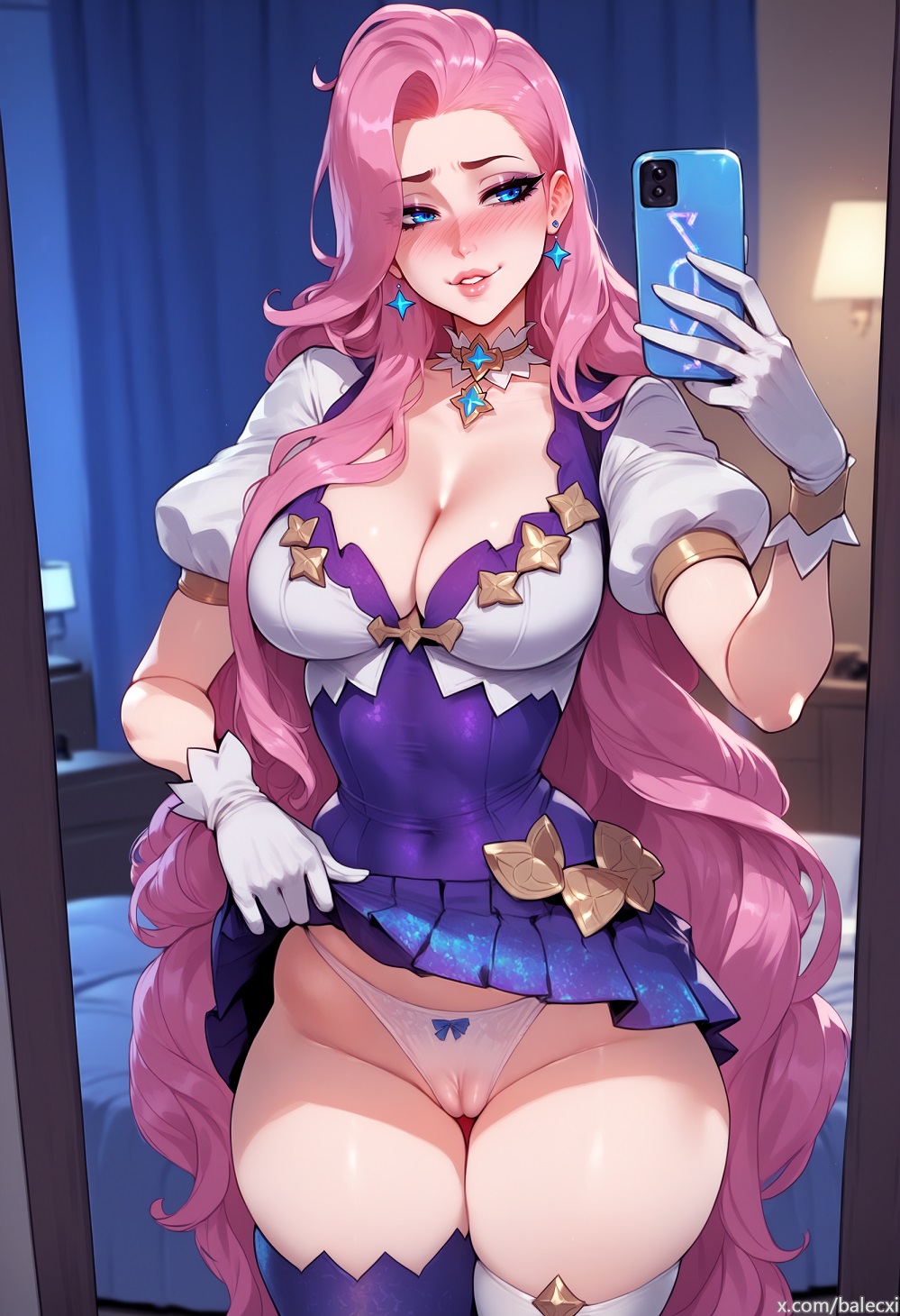 1girls, ai generated, balecxi, blue eyes, blush, breasts, cameltoe, cleavage, female, large breasts, league of legends, lifted by self, lifting skirt, light skin, light-skinned female, long hair, mirror, mirror selfie, panties, phone, pink hair, pussy, selfie, seraphine (league of legends), skirt, skirt lift, thick thighs, thighhighs, white gloves