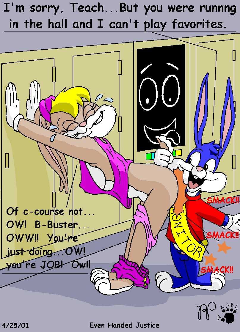 2001 balls bent_over bottomless buster_bunny clothed clothing dialogue duo english_text female hair kthanid lagomorph lola_bunny looney_tunes male mammal panties panties_down pants_down partially_clothed penis penis_tip rabbit school spanking text tiny_toon_adventures underwear warner_brothers