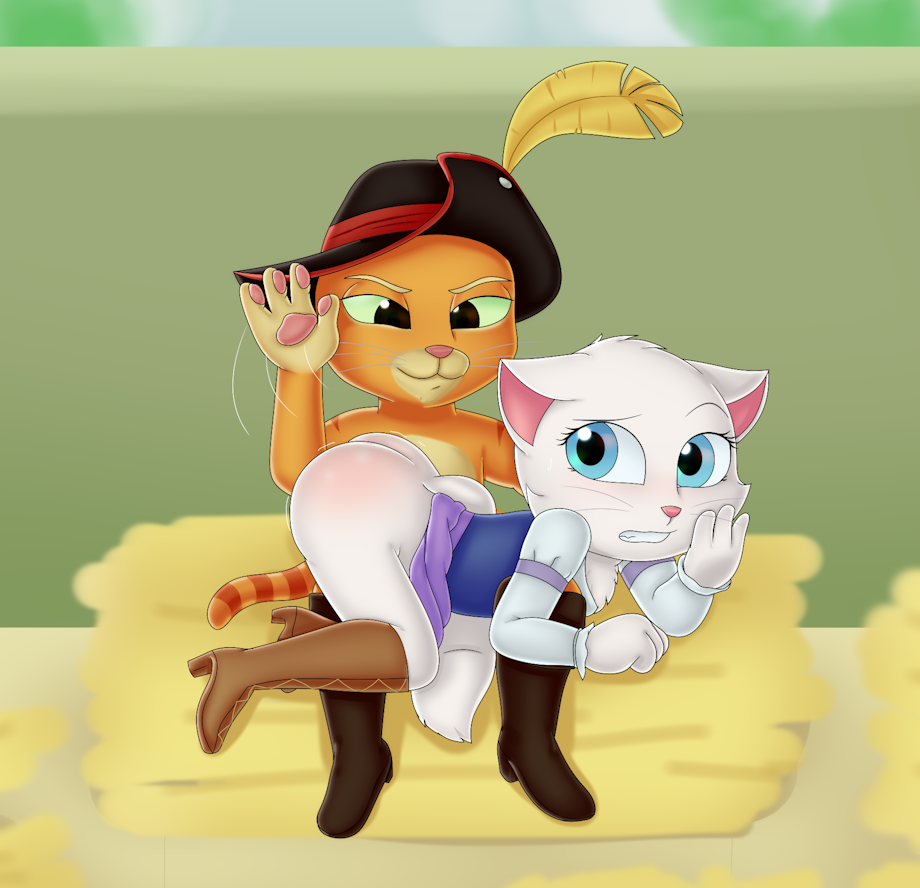 1boy 1girls ass ass_out bardel_entertainment blue_eyes dreamworks dress dress_up dulcinea feline female male netflix puss puss_in_boots_(dreamworks) shrek_(series) spanking spanking_ass takaneru teeth the_adventures_of_puss_in_boots white_fur