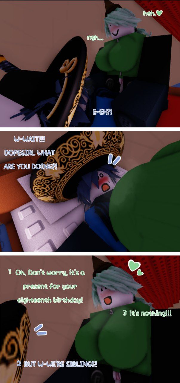 3d aged_up blue_hair blush breasts breath brickbattler comic comic_page dopegirl_(brickbattler) duo green_hair heart incest pussy roblox roblox_game robloxian sex shocked swagman_(brickbattler) text