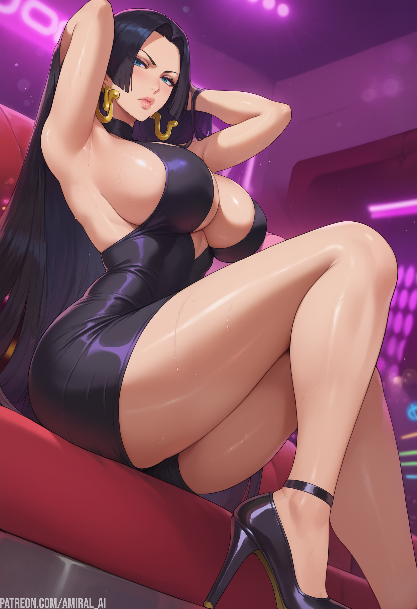 1girls, ai generated, amiral ai, armpits, bare arms, bare legs, bare shoulders, bare thighs, big breasts, black hair, blue eyes, blush, boa hancock, breasts, clothed, clothing, color, female, female focus, female only, hi res, high heels, jewelry, large breasts, light skin, light-skinned female, long hair, looking at viewer, one piece, presenting armpit, shounen jump, sitting, solo, solo female, tagme, thick thighs