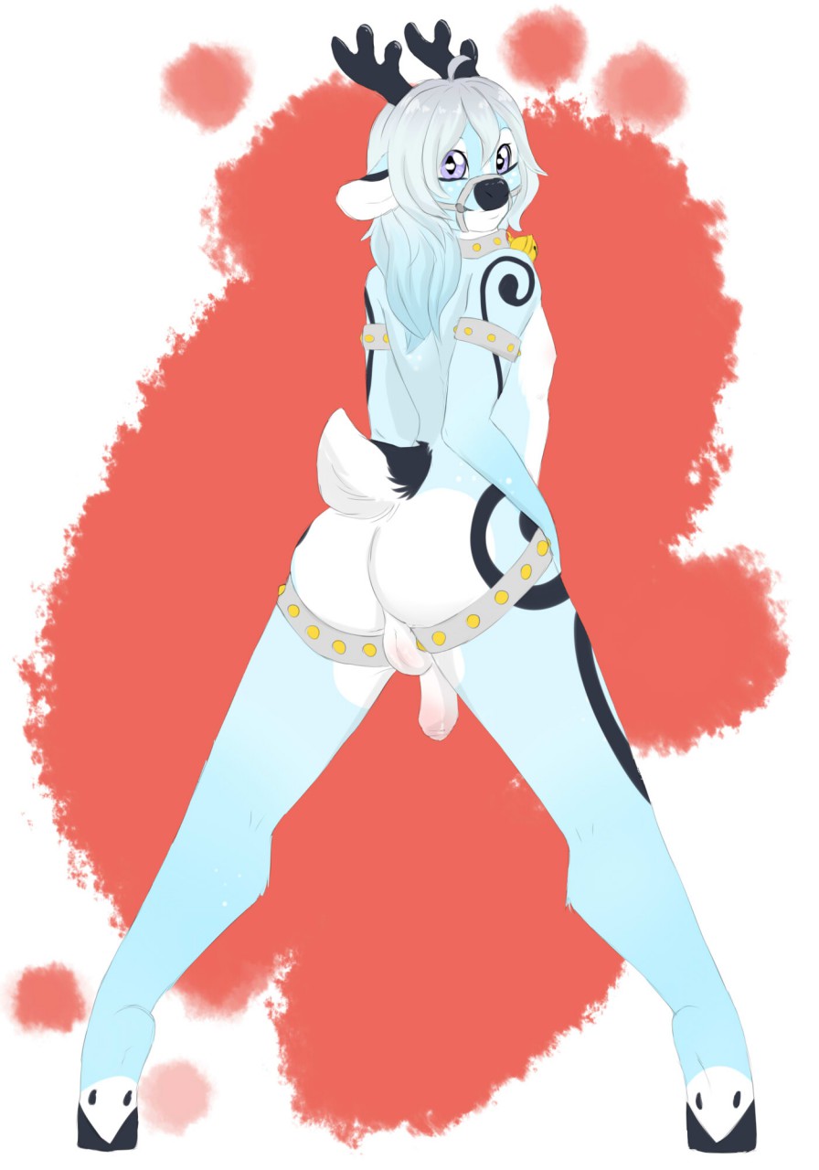 albedo_azura anthro babbuful backsack balls cervine deer flaccid girly hi_res looking_at_viewer looking_back male mammal penis simple_background solo standing uncut