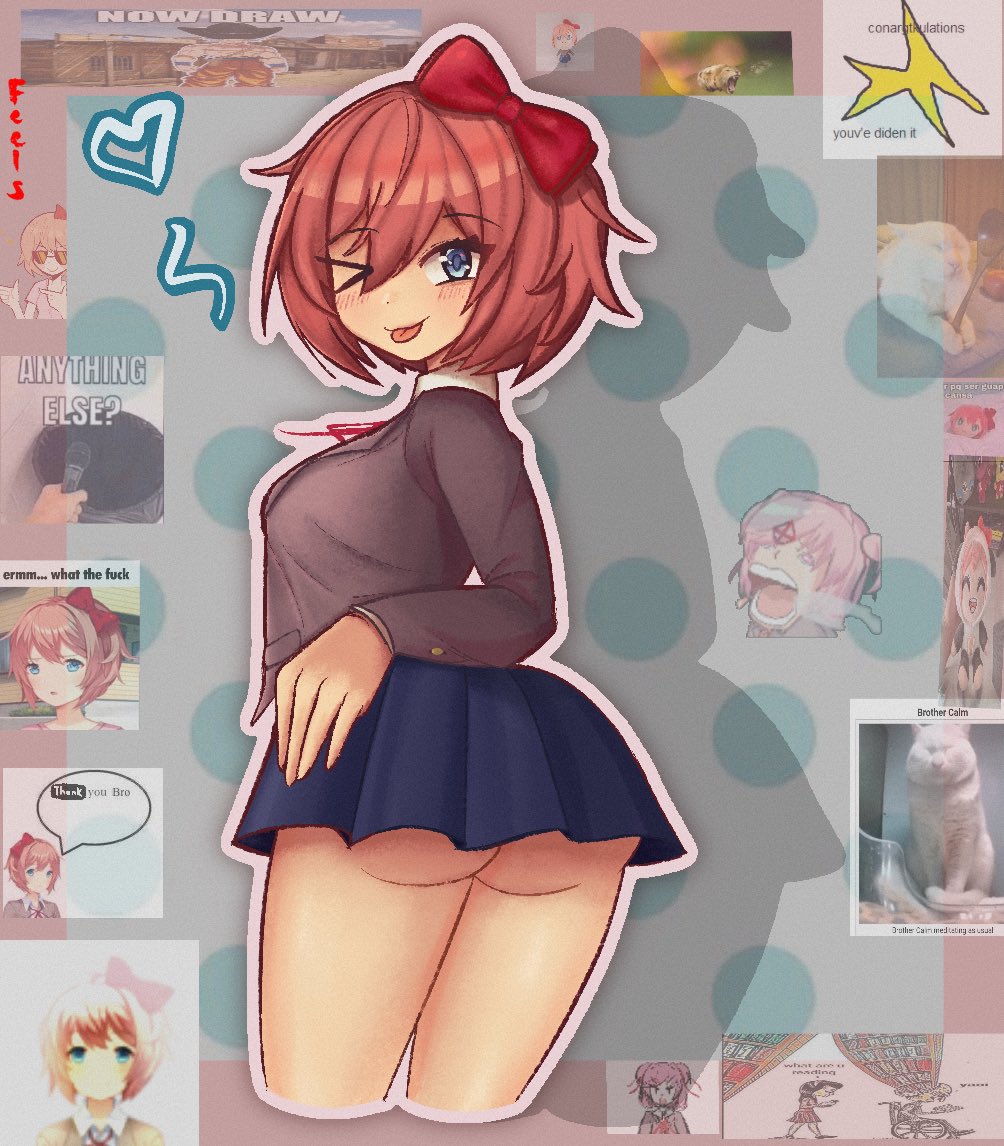 ass ass_focus blep blue_eyes blue_skirt blush blush_lines blushing bow butt clothes clothing doki_doki_literature_club english_text female female_focus female_only fill_feels hair_bow hairbow heart red_bow red_hair_bow red_hairbow sayori_(doki_doki_literature_club) skirt spanish_text strawberry_blonde_hair tagme tongue tongue_out winking_at_viewer