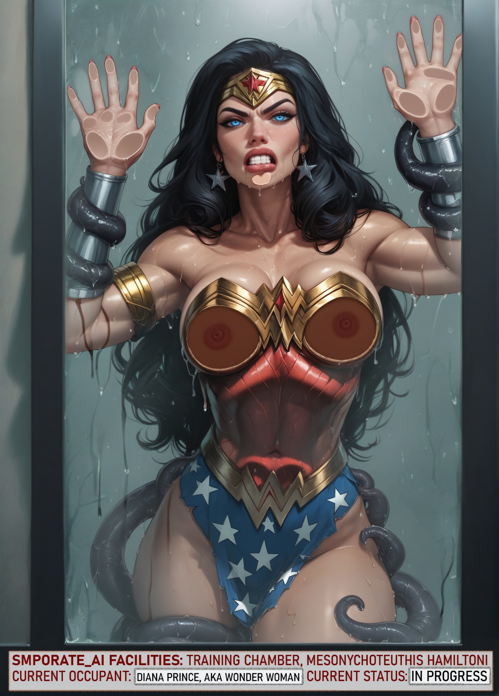 1girls, against glass, ai generated, amazon, angry, athletic, athletic female, big breasts, black hair, blue eyes, breasts, captured, captured heroine, clenched teeth, dark hair, dc, dc comics, diana prince, embarrassed, endured face, english, english text, female, female focus, fight, fit, fit female, forced, glare, glaring, glass, helpless, hi res, imminent rape, looking at viewer, pressed on glass, princess, resisting, restrained, royalty, self upload, smporate ai, stable diffusion, struggling, stuck, superheroine, tentacle, tentacles around arms, tentacles around legs, text, text box, training, trembling, wonder woman