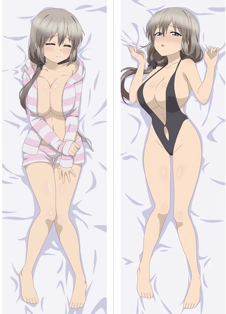 bare_arms bare_legs bare_shoulders bare_thighs barefoot belly_button big_breasts blue_eyes blush breasts dakimakura dakimakura_design embarrassed exposed_breasts eyes_closed feet grey_hair hand_on_thigh long_hair milf mother mouth_closed mouth_open official_art one-piece_swimsuit open_shirt open_swimsuit pajamas ponytail swimsuit thighs toes uzaki-chan_wa_asobitai! uzaki_tsuki