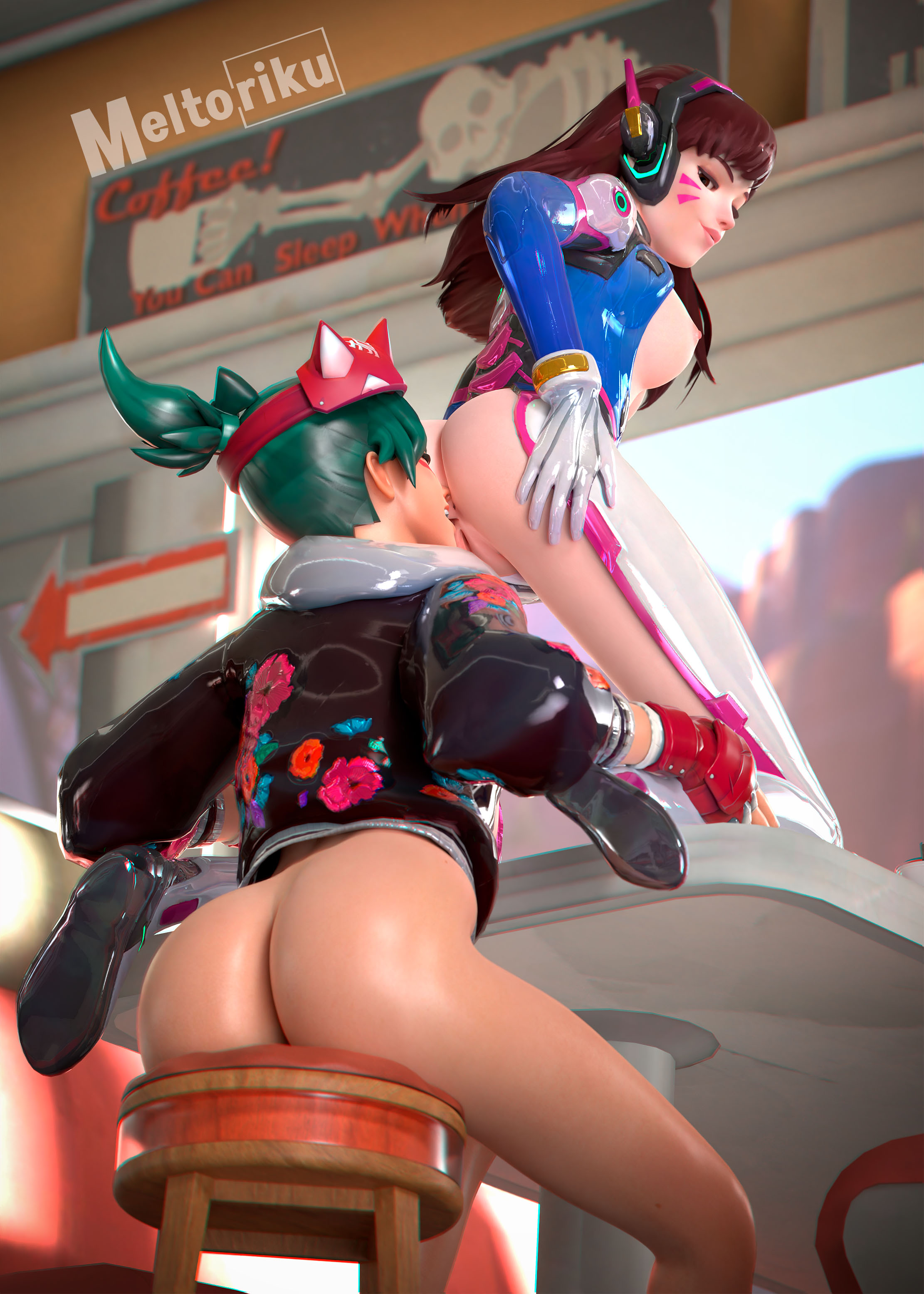 3d, athleisure kiriko, blizzard entertainment, breasts, d.va, face markings, female, kiriko (overwatch), korean commentary, meltoriku, oral, overwatch, overwatch 2, small breasts, video game, video game character, video games, yuri