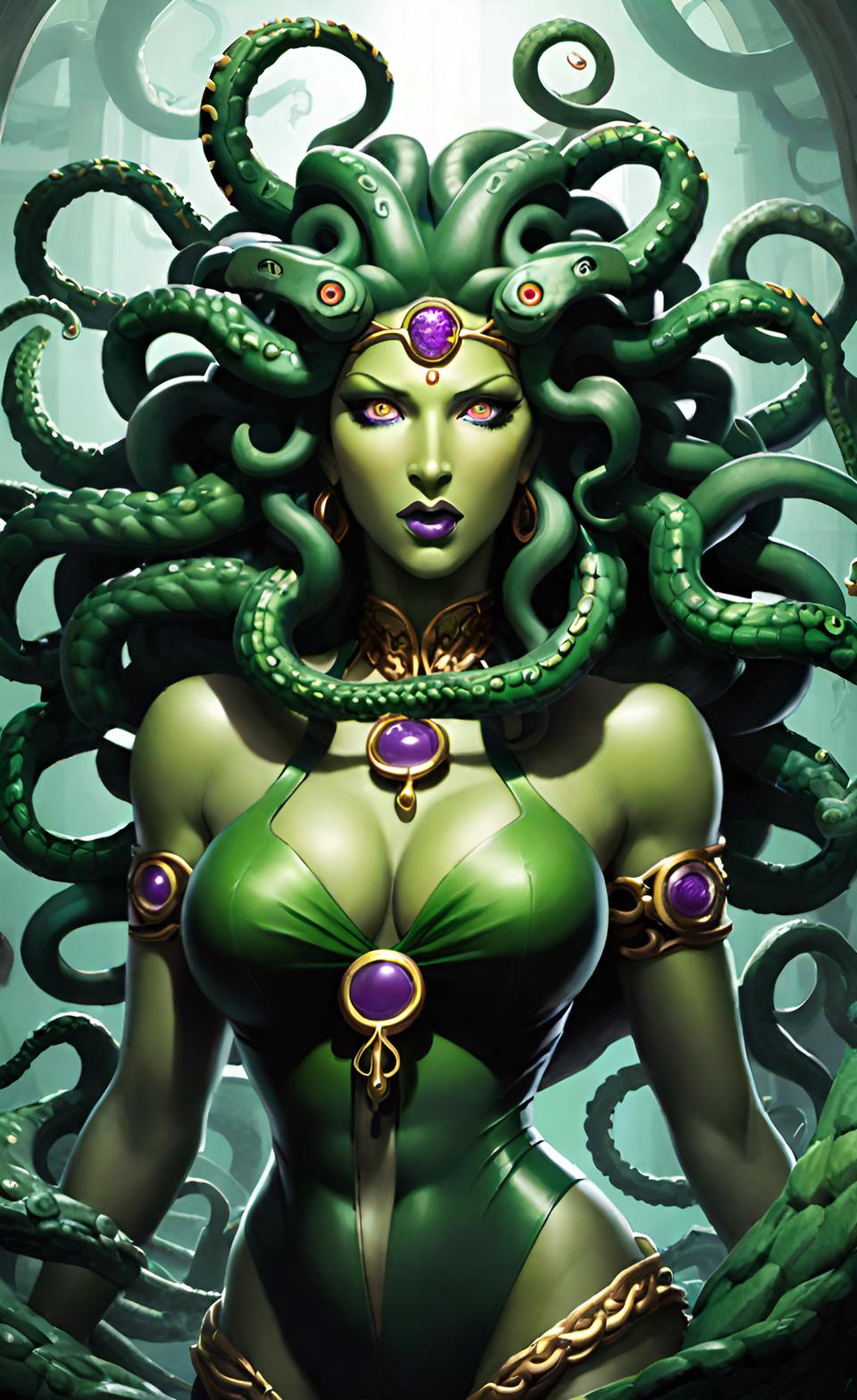 ai_generated cleavage gold_eyes green_skin hips medusa snakes symmetry