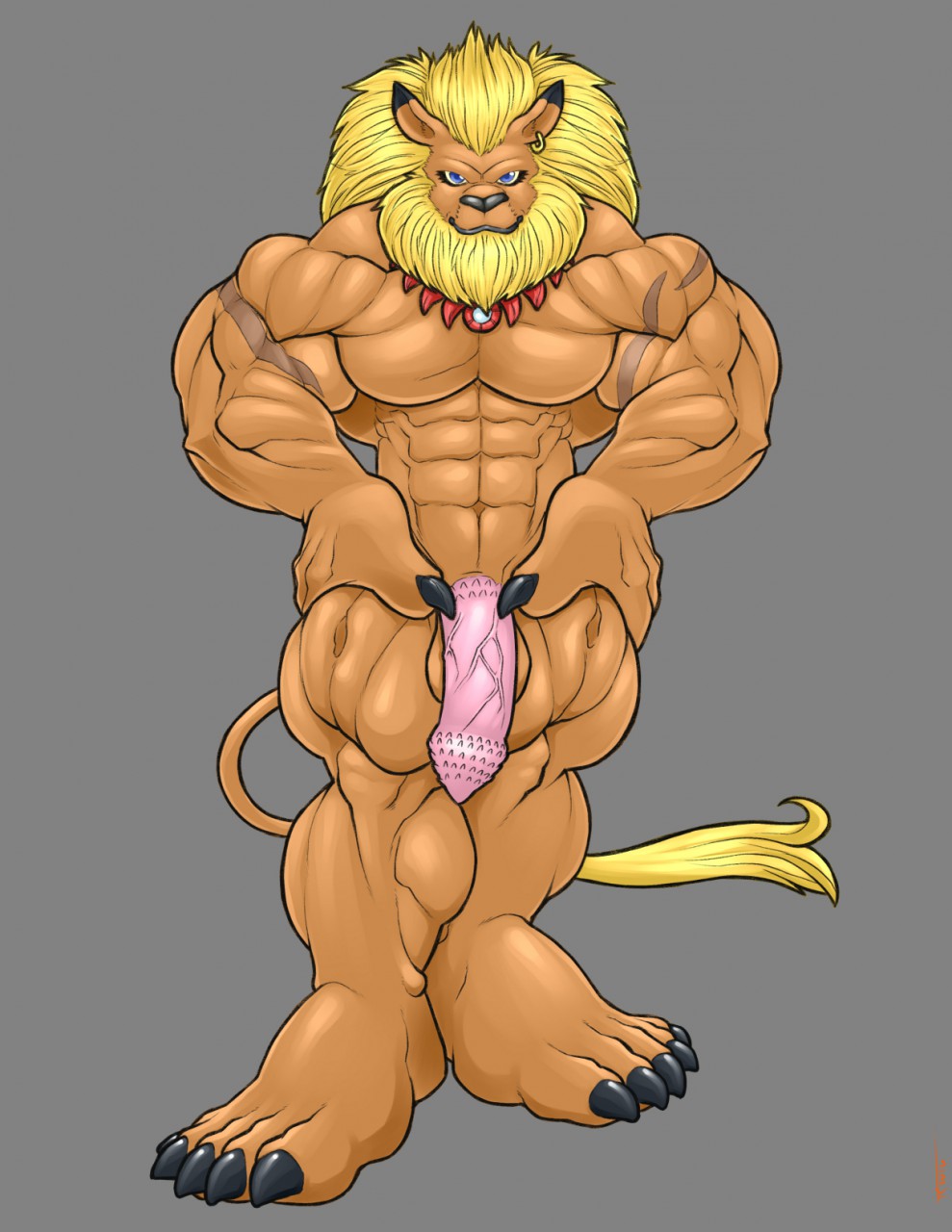 5_toes abs anthro balls barazoku barbed_penis beard biceps big_muscles blonde_hair blue_eyes brown_fur claws digimon facial_hair feline flaccid front_view fur grey_background hair hands_on_hips hi_res humanoid_penis hyper hyper_muscles leomon lion looking_at_viewer male male_only mammal mane muscular nude pecs penis pinup pose simple_background solo standing tkc2021 toe_claws toes vein veiny_penis