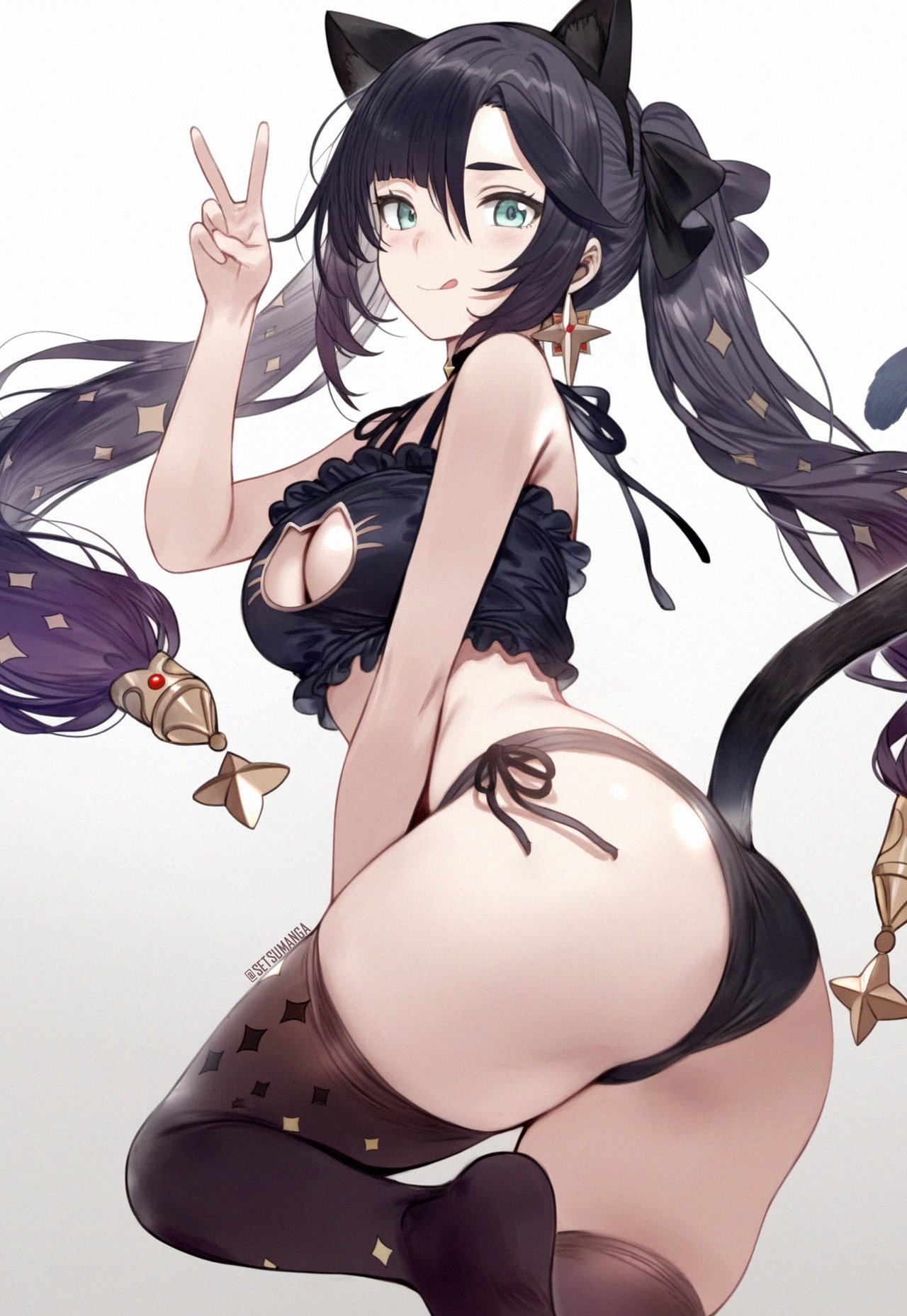 1girls, ai generated, aqua eyes, ass, bra, breasts, bubble ass, bubble butt, cleavage, earrings, female, genshin impact, mona (genshin impact), panties, purple hair, setsuaiart, solo, thighhighs, twintails, underwear, v