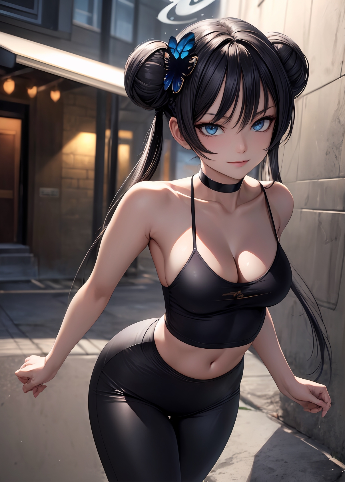 1girls, 2d, ai generated, athletic, athletic female, bare arms, bare legs, bare shoulders, belly, black hair, blue archive, breasts, bun, chest, cleavage, curvy, curvy figure, cute, cute face, detailed, double bun, eyelashes, eyeshadow, female, female only, fit, fit female, focus, genryumon (blue archive), hair, hair ornament, high quality, kisaki (blue archive), leggings, legs, light brown hair, light skin, light-skinned female, lips, lipstick, long hair, looking at viewer, makeup, mascara, medium breasts, midriff, pale skin, pale-skinned female, petite, petite body, posing, purple eyes, seductive, seductive look, shanhaijing secondary school student, sidelocks, skin tight, stable diffusion, tagme, tank top, thighs, thin waist, twintails, young, younger female