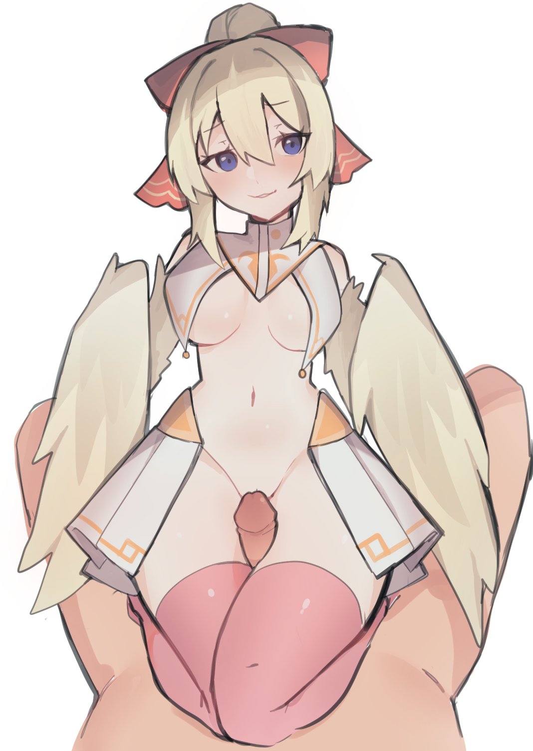 1boy bare_shoulders bird_legs blonde_hair blue_eyes blush breast_curtains breasts commentary commission cowgirl_position english_commentary feathers female hair_ribbon harpy highres indie_virtual_youtuber looking_at_viewer mavia_(vtuber) medium_breasts monster_girl navel oniiyanna oniyanna parted_lips penis pink_thighhighs pov ribbon showgirl_skirt straight thigh_sex thighhighs uncensored virtual_youtuber winged_arms wings yellow_feathers yellow_wings