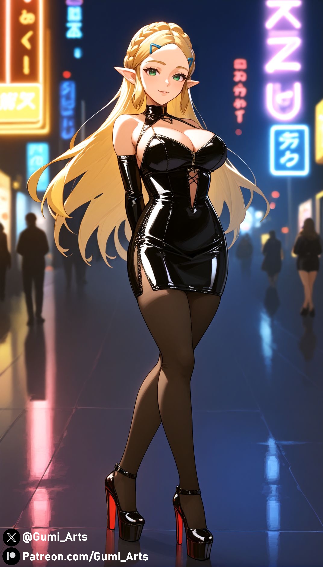 ai generated, blonde hair, breasts, breath of the wild, cleavage, dress, female, green eyes, gumi arts, high heels, large breasts, looking at viewer, night, nintendo, outdoors, pantyhose, platform heels, princess zelda, smile, stable diffusion, the legend of zelda, zelda (breath of the wild)