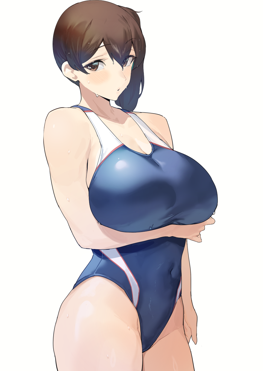 1girls alternate_costume arm_under_breasts blue_one-piece_swimsuit blush breasts brown_eyes brown_hair cleavage competition_swimsuit droplets highleg highleg_swimsuit highres kaga_(kantai_collection) kantai_collection large_breasts long_hair mm_(yoromu) one-piece_swimsuit side_ponytail simple_background solo swimsuit two-tone_swimsuit white_background