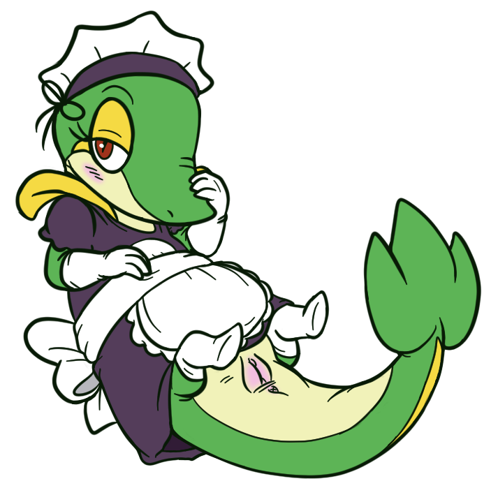 2013 alpha_channel anus blush clothing eyelashes female fiztheancient maid_uniform nintendo pokemon pokemon_(species) pussy red_eyes snivy solo uniform video_games