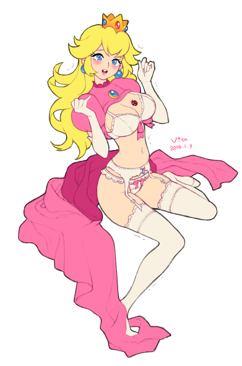 blonde, blonde female, blonde hair, elbow gloves, female, gloves, kevinsano, ladybug, lingerie, mario (series), nintendo, princess peach, rough (artist), solo, undressing