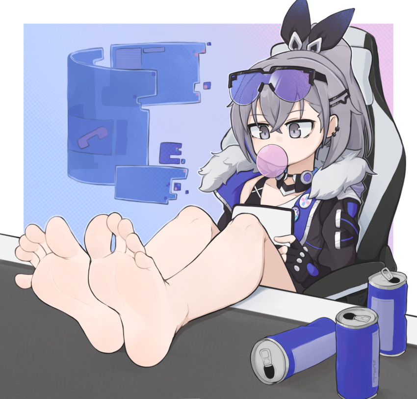 1girls bare_legs barefoot casual chewing_gum feet feet_on_table feet_up foot_fetish foot_focus honkai:_star_rail honkai_(series) pinky_toe silver_wolf_(honkai:_star_rail) sitting softhanten toes